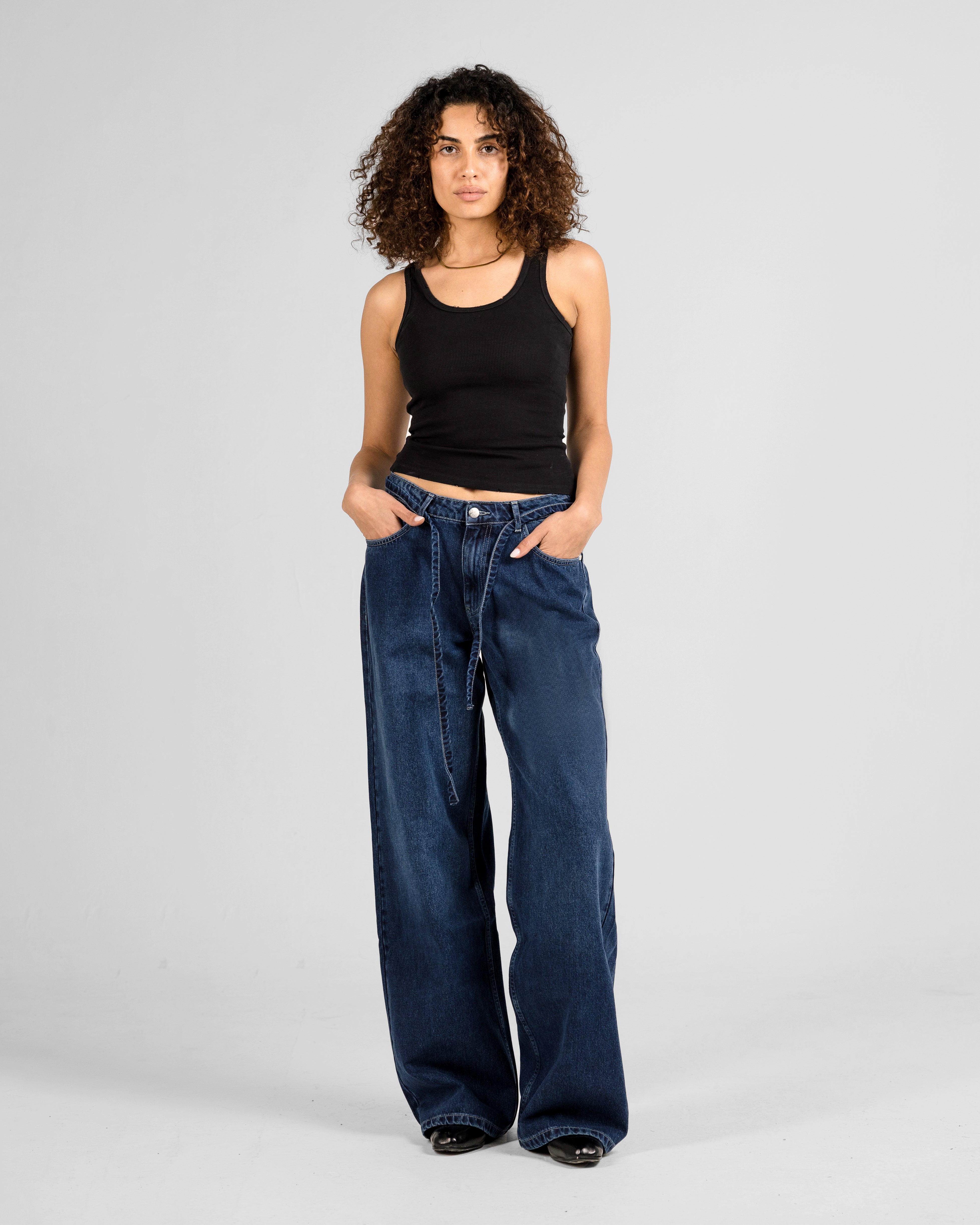 DEEP BLUE DRAWSTRING ULTRA BAGGY JEANS
