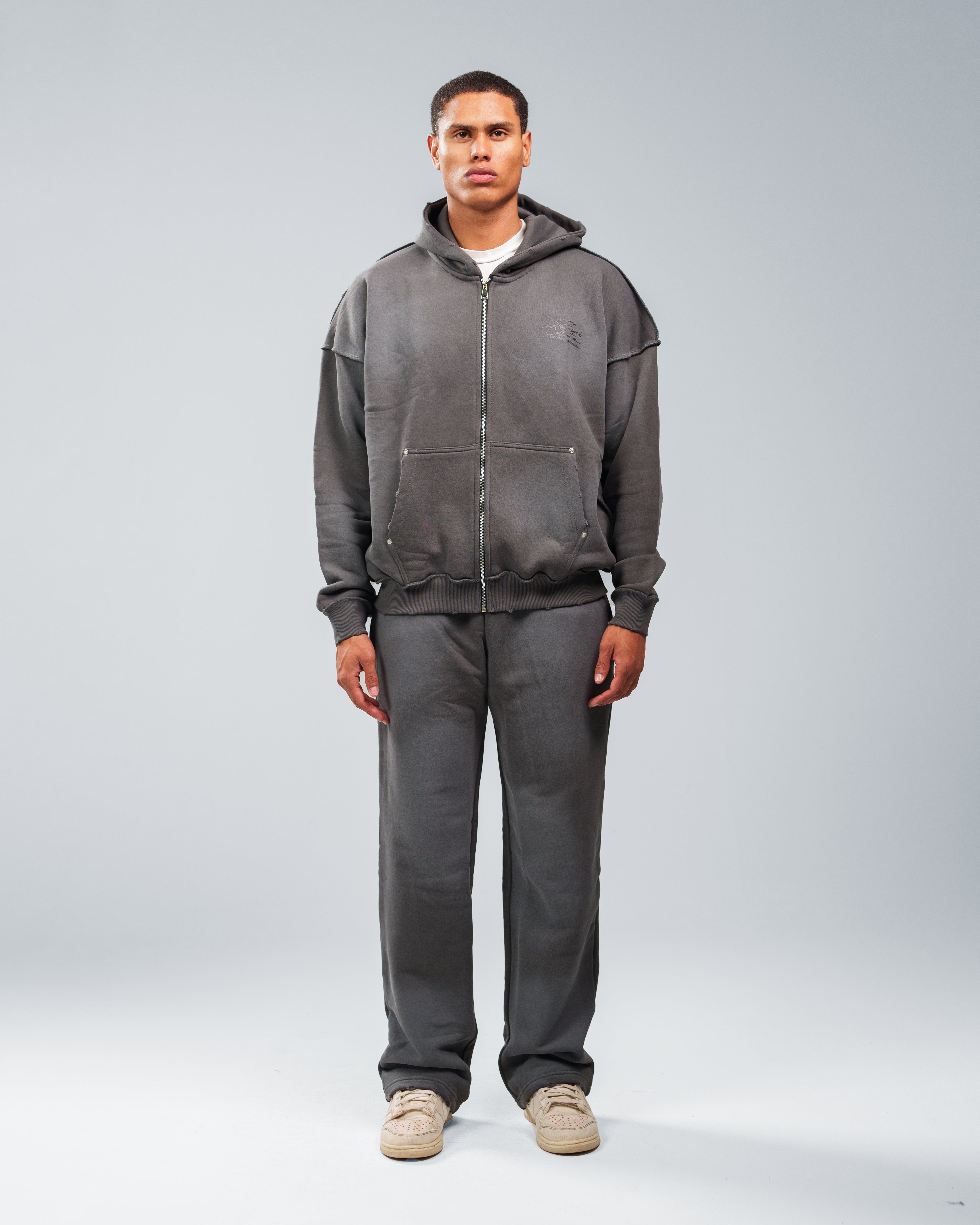 STONE WASHED DISTRESSED ZIP UP