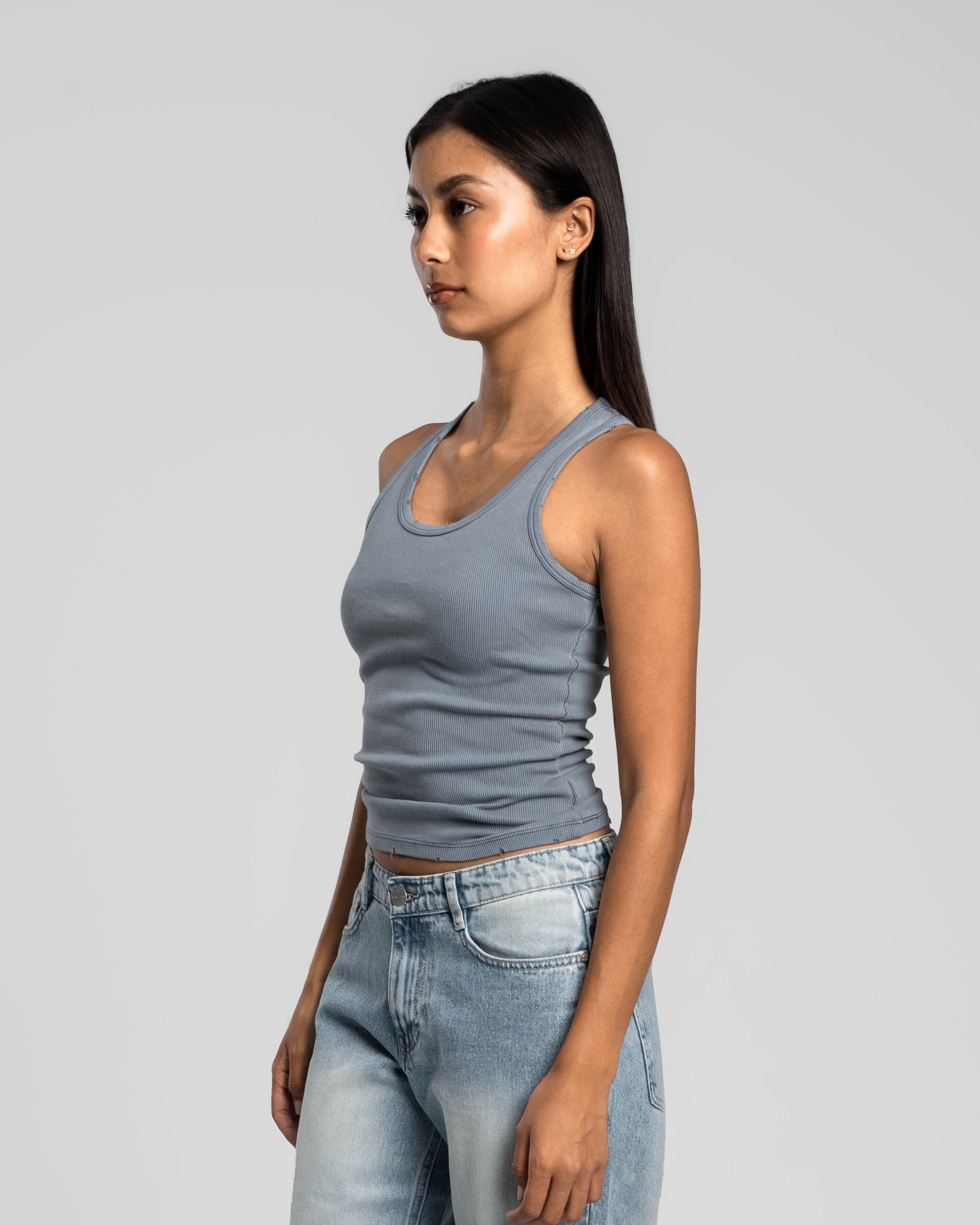 STEEL BLUE DISTRESSED TANK TOP