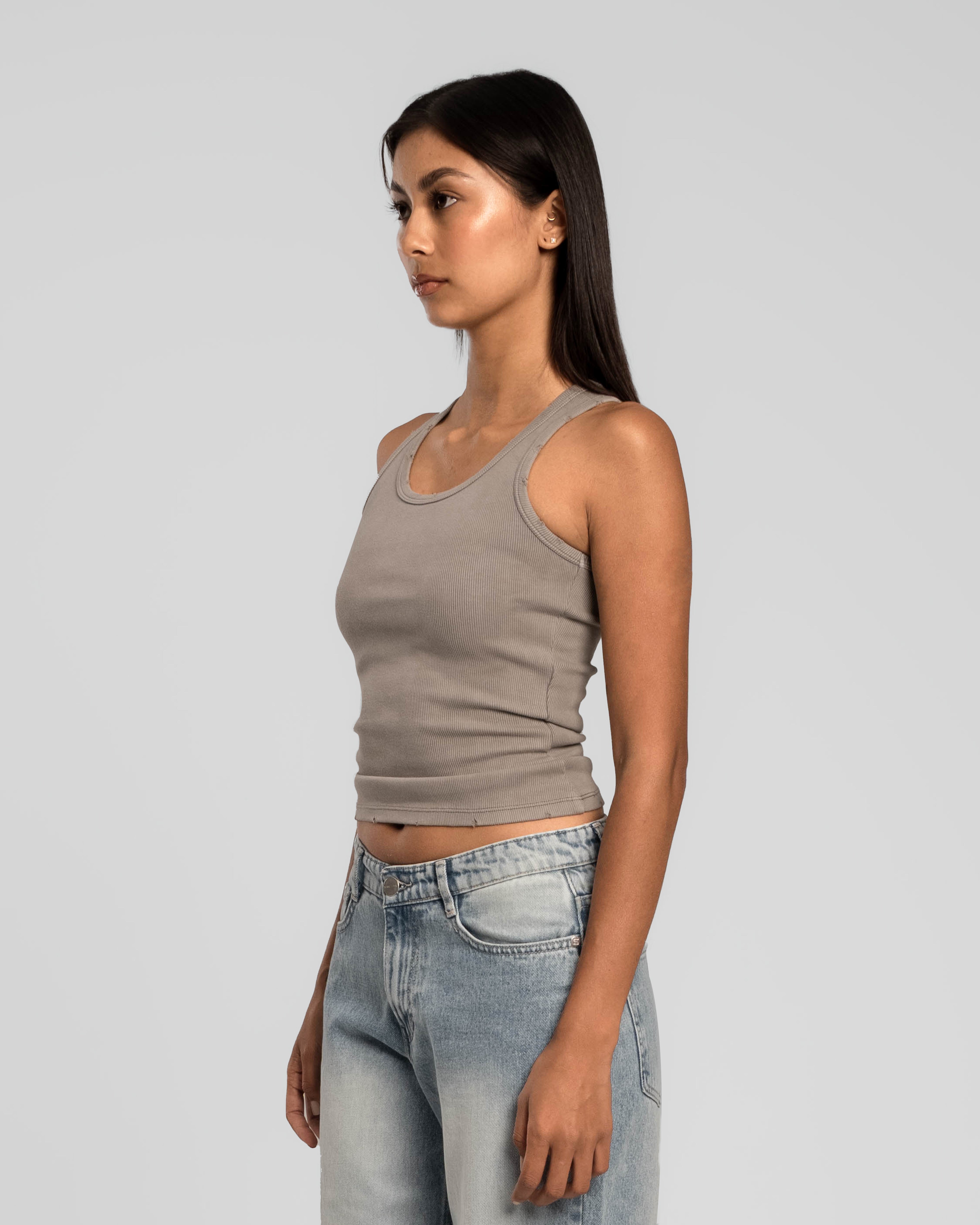 TAUPE BROWN DISTRESSED TANK TOP