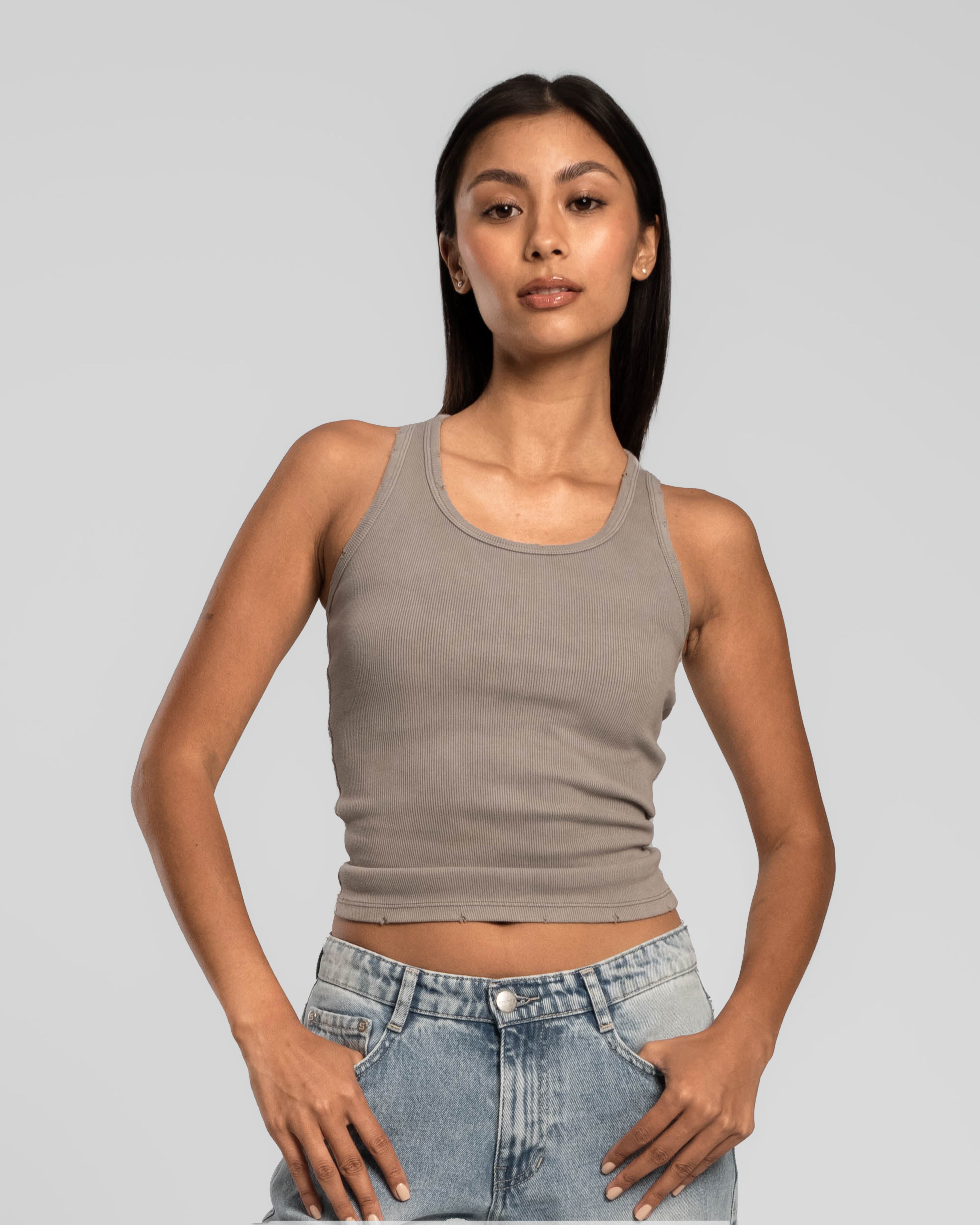 TAUPE BROWN DISTRESSED TANK TOP