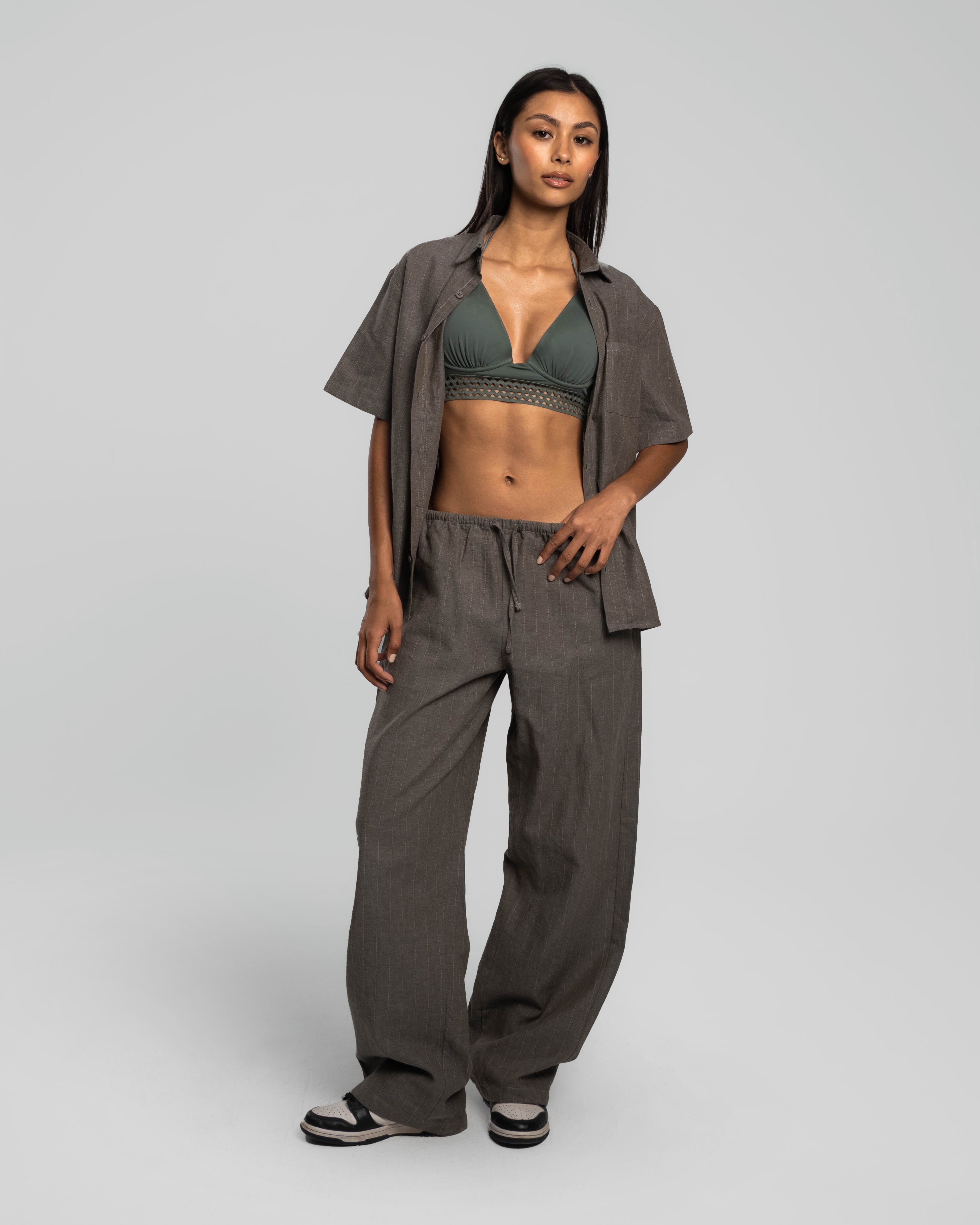 DUSTY OLIVE PINSTRIPED LINEN PANTS