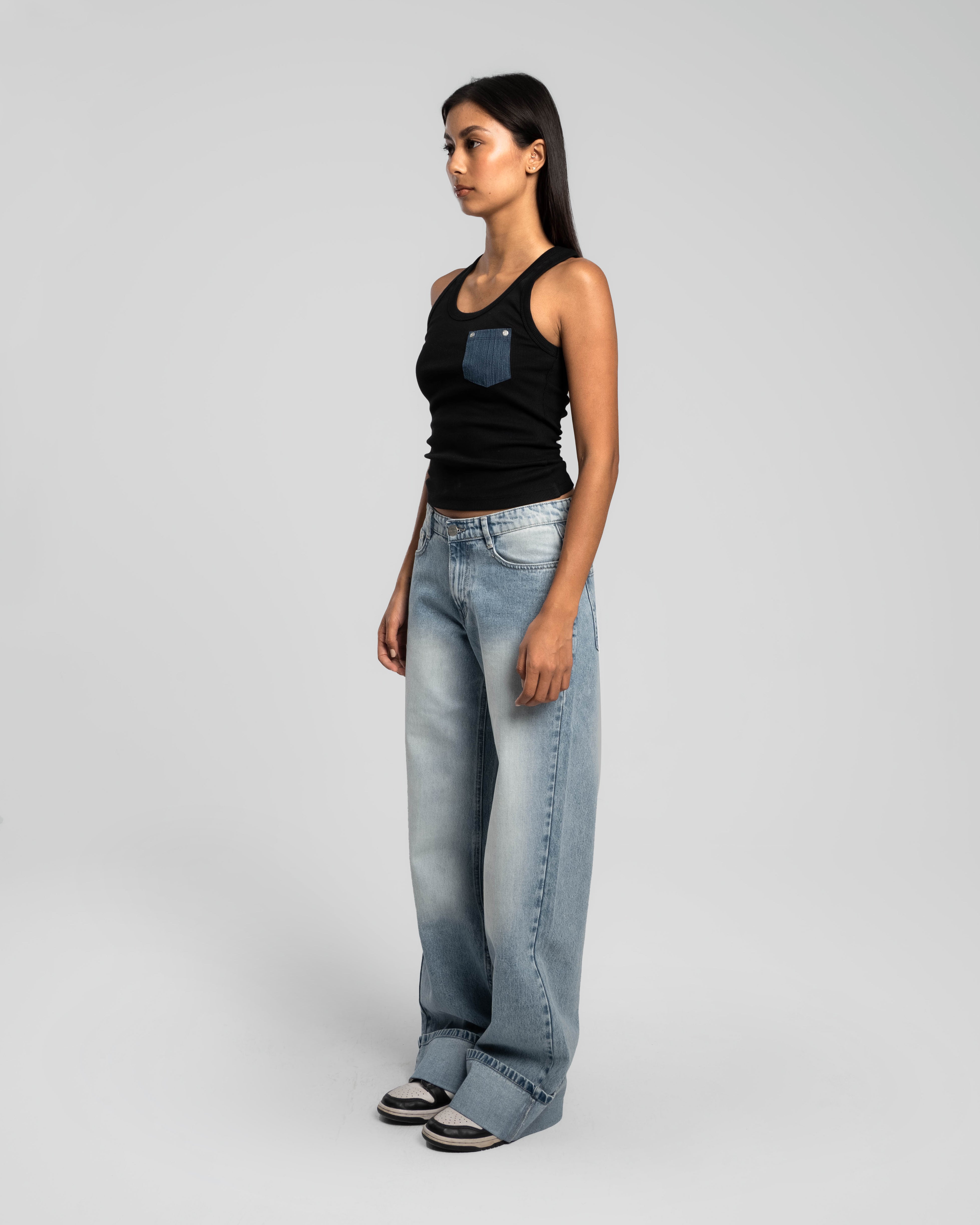 ICEY BLUE ROLLED HEM RELAXED MID RISE JEANS