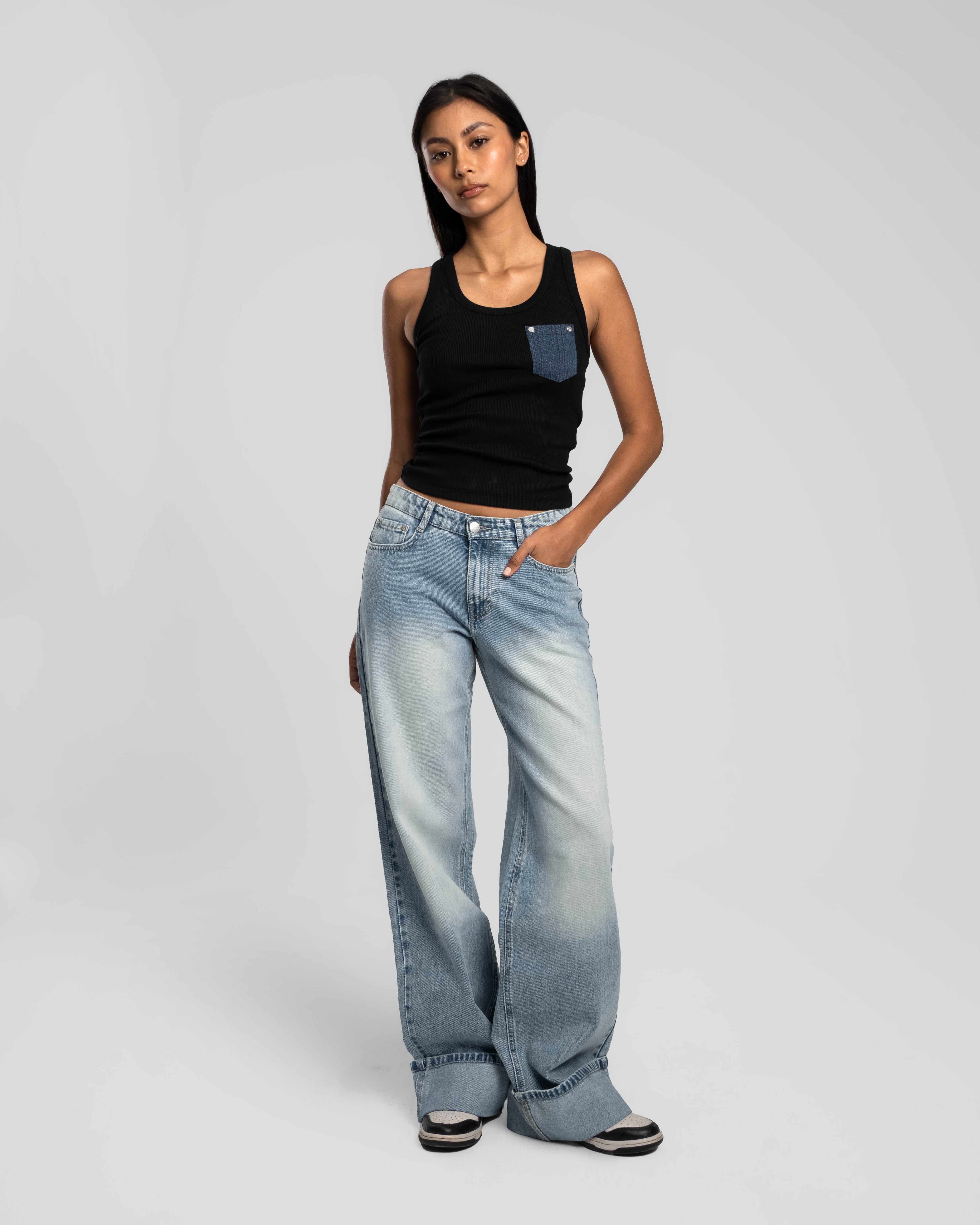 ICEY BLUE ROLLED HEM RELAXED MID RISE JEANS