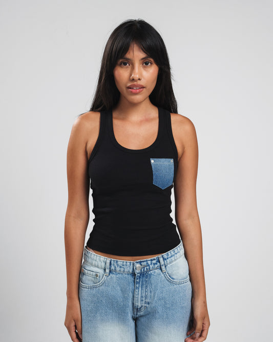 BLACK X BLUE DENIM POCKET TANK TOP