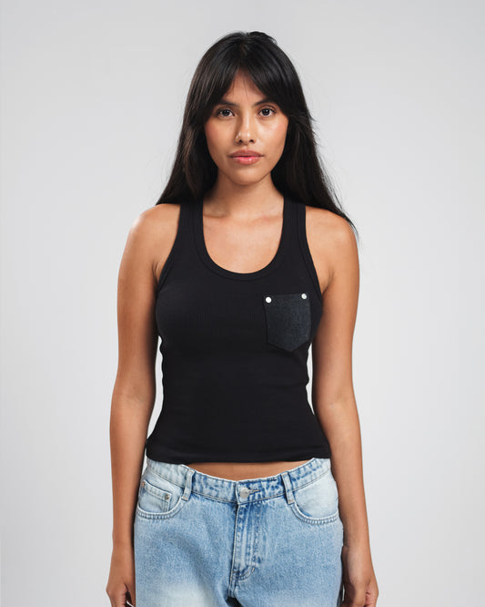 BLACK X DARK GREY DENIM POCKET TANK TOP