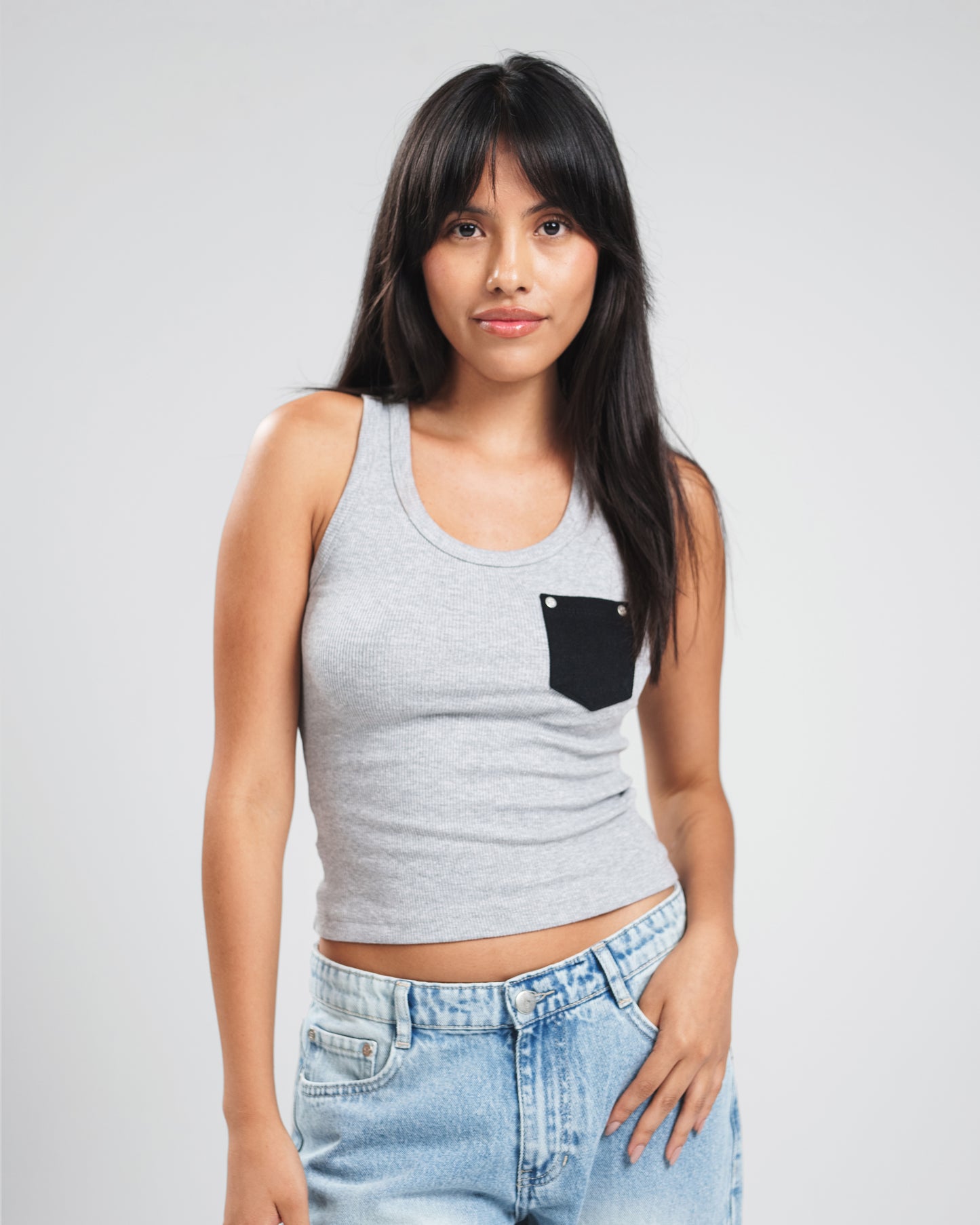 LIGHT GREY X DARK GREY DENIM POCKET TANK TOP