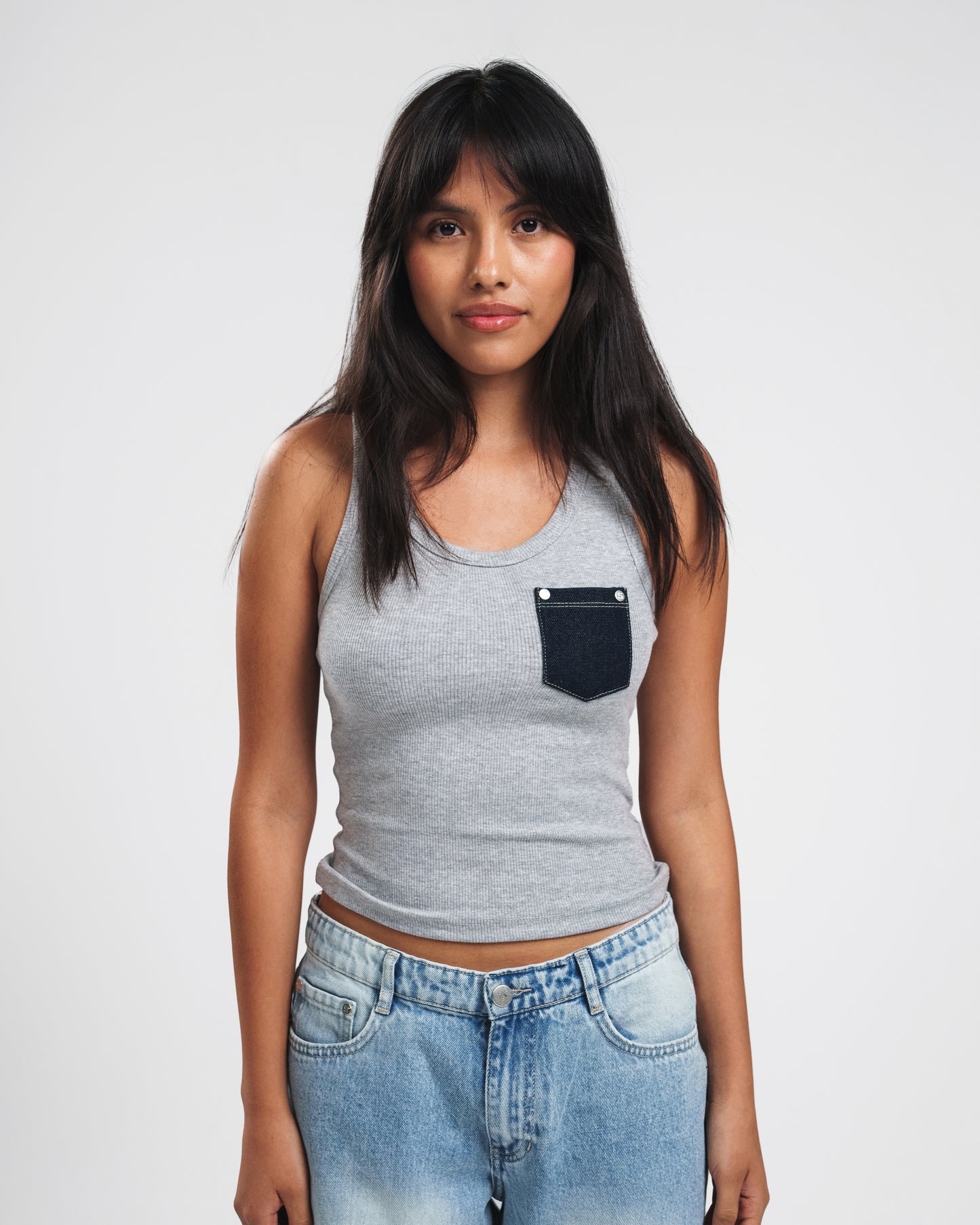 LIGHT GREY X NAVY DENIM POCKET TANK TOP