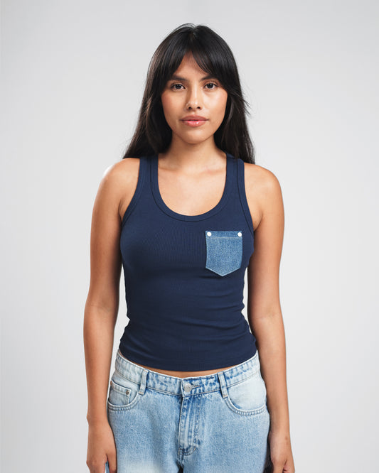 NAVY X BLUE DENIM POCKET TANK TOP