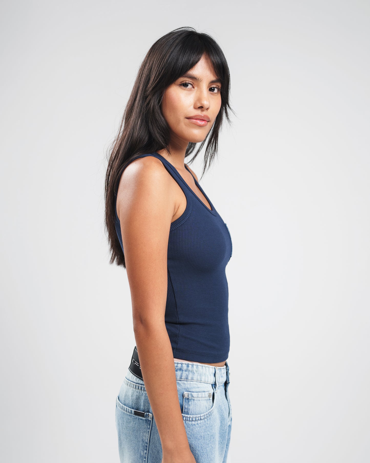 NAVY X BLUE DENIM POCKET TANK TOP