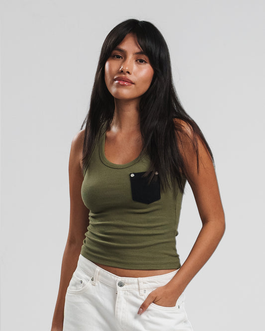 OLIVE X DARK GREY DENIM POCKET TANK TOP