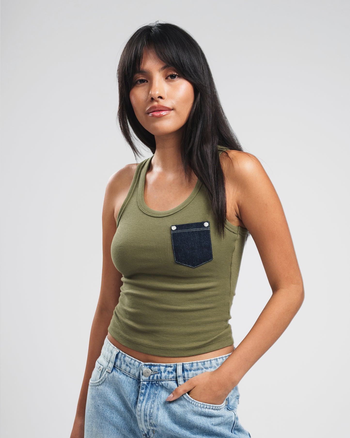 OLIVE X NAVY DENIM POCKET TANK TOP