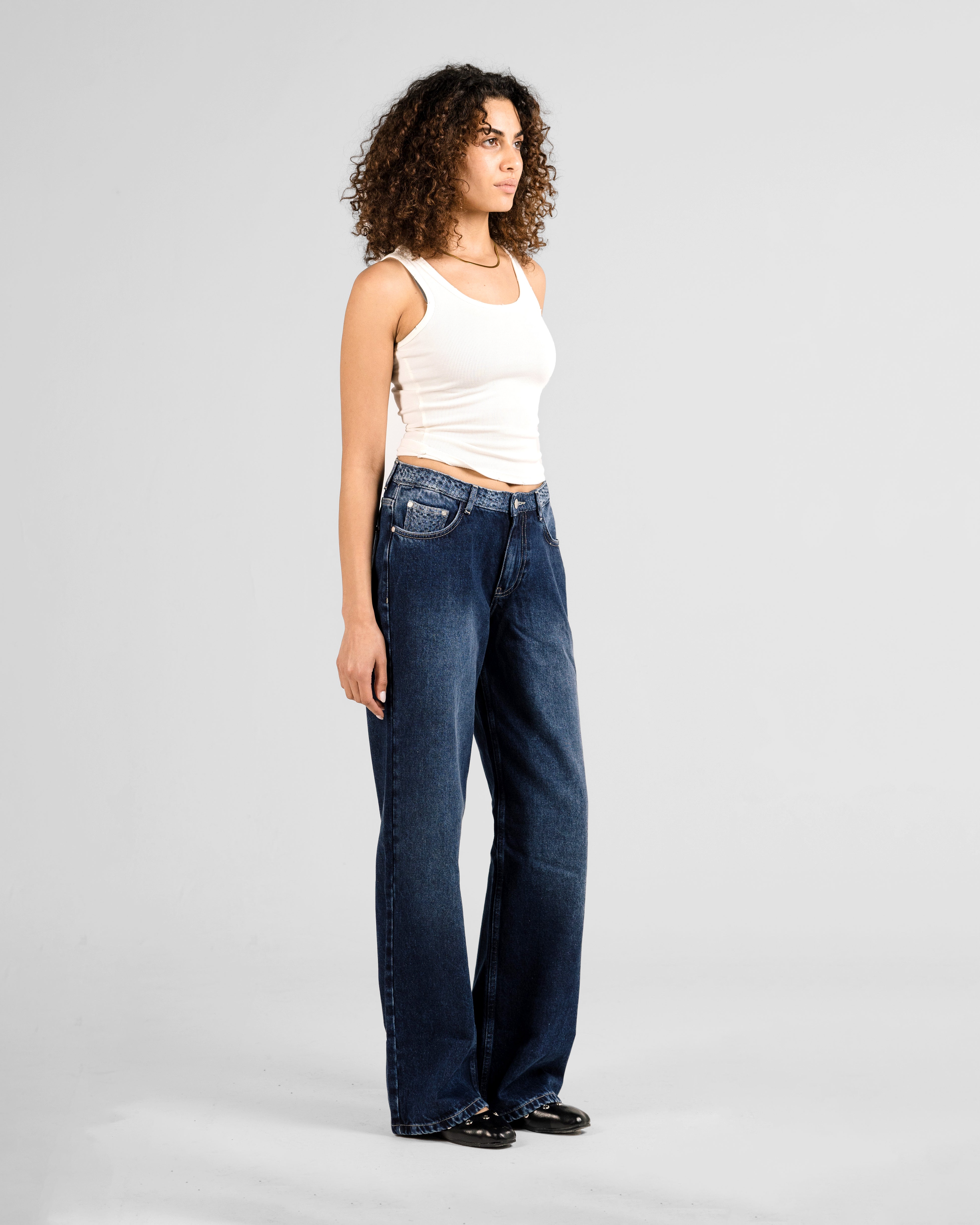 DEEP BLUE TEXTURED RELAXED MID RISE JEANS