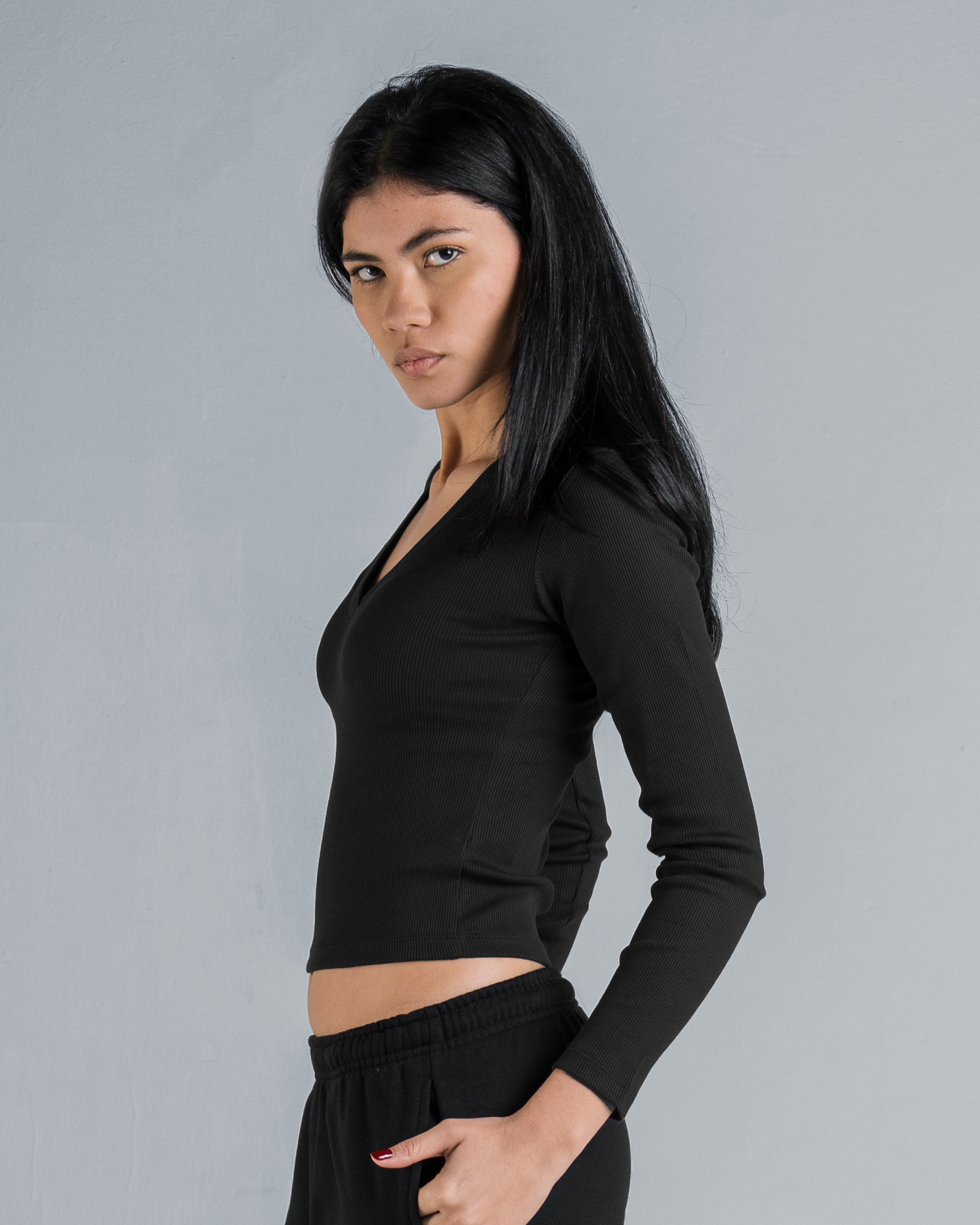 Ribbed V-Neck Long Sleeve