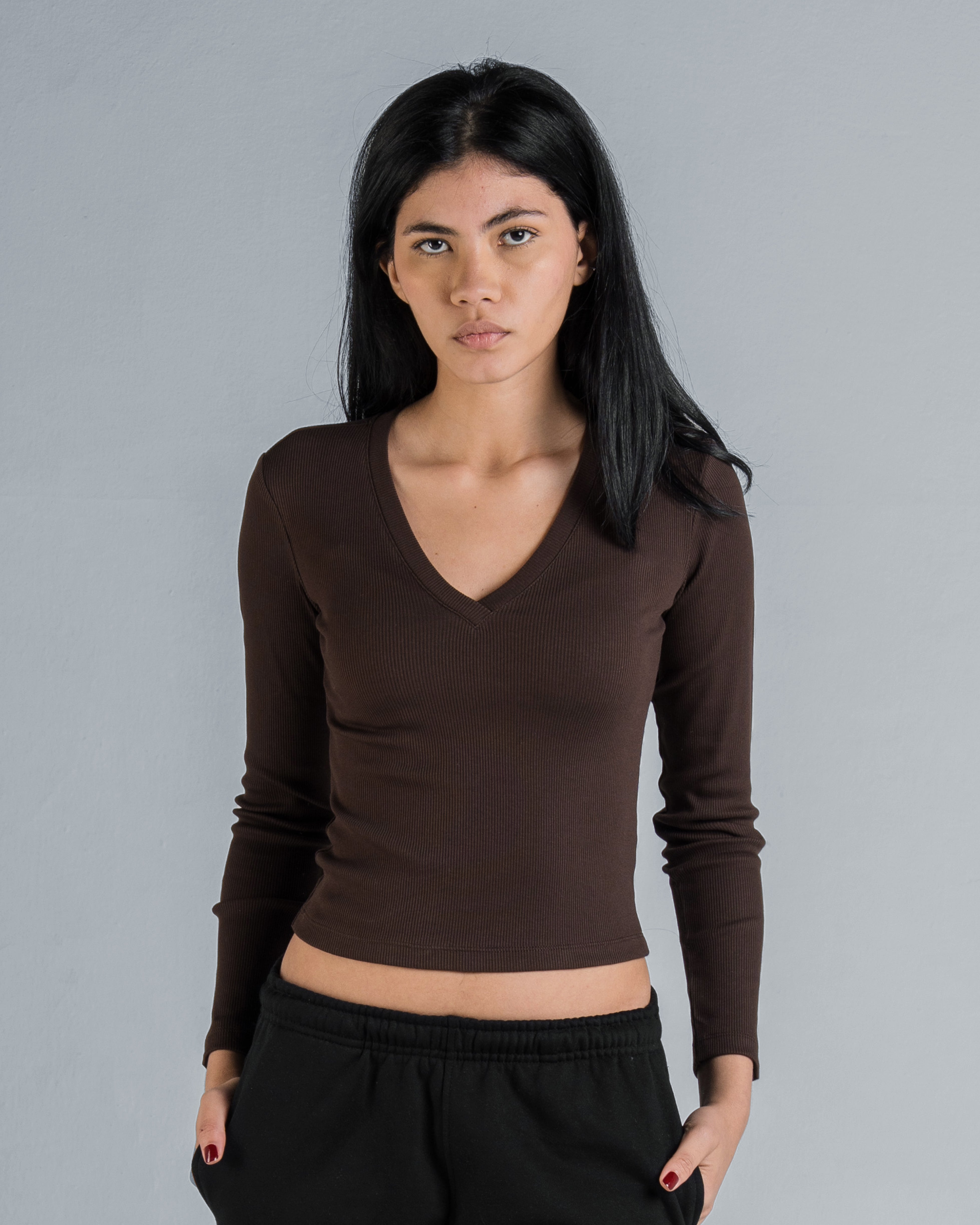 Ribbed V-Neck Long Sleeve