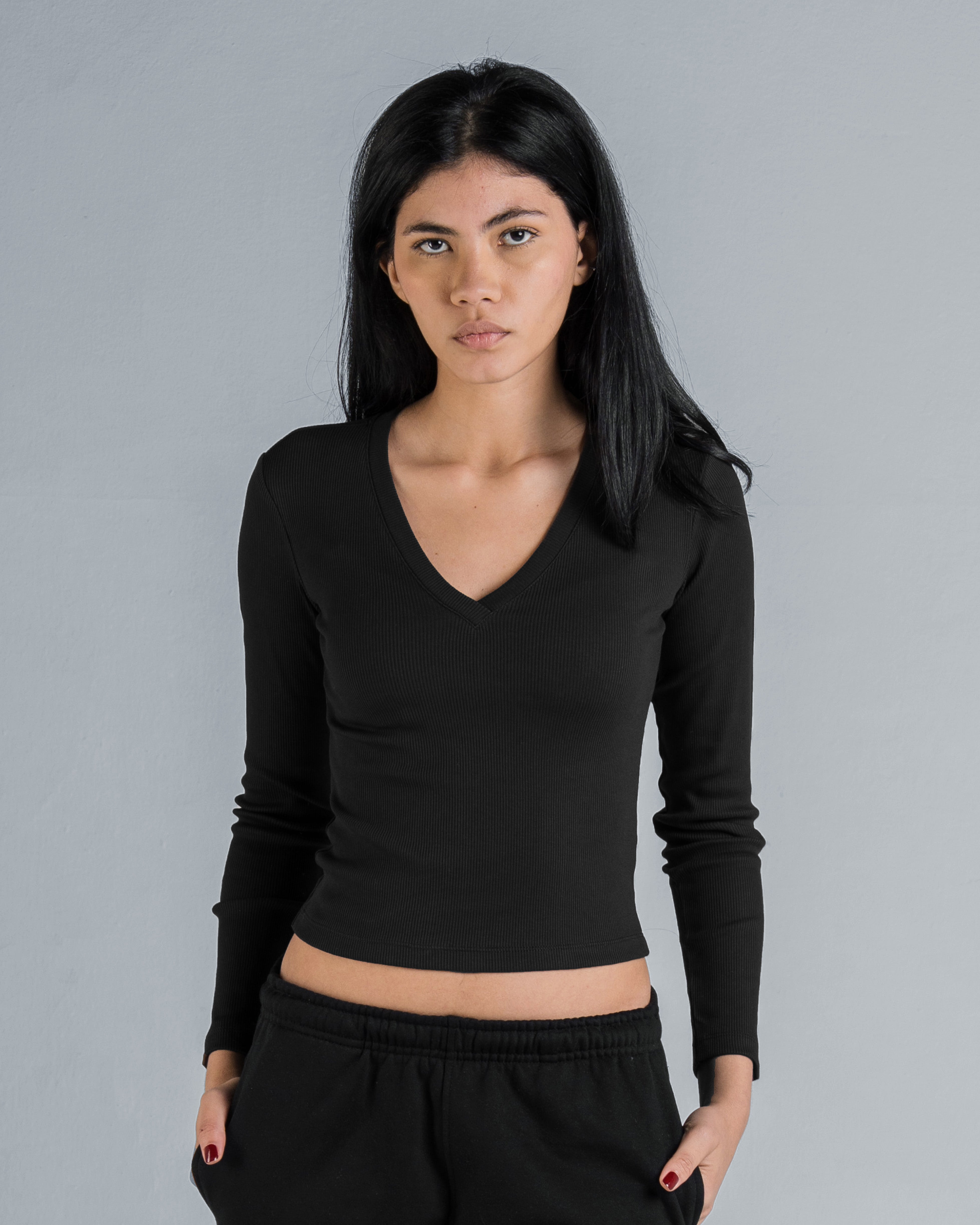 Ribbed V-Neck Long Sleeve
