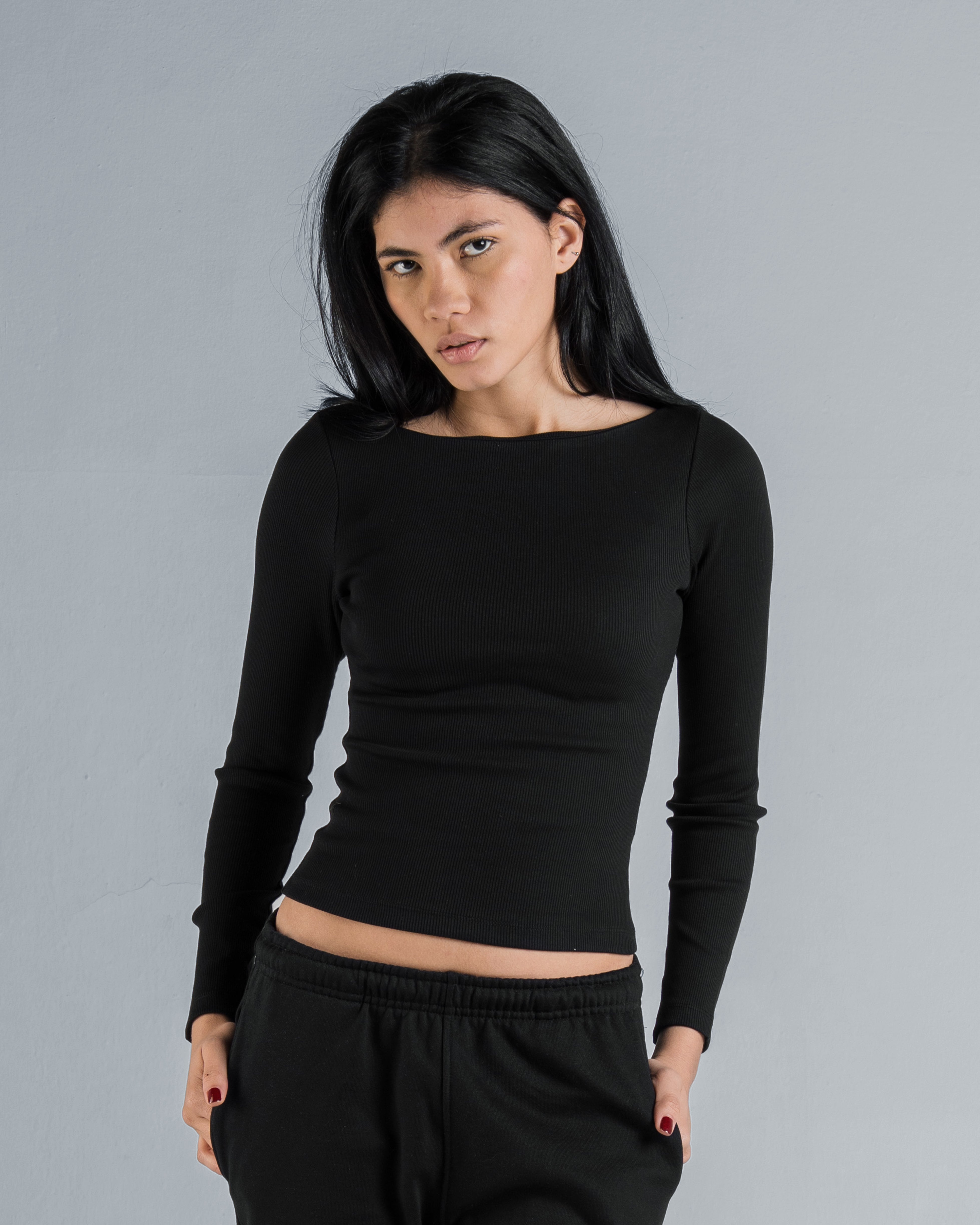 RIBBED BOAT NECK LONG SLEEVE