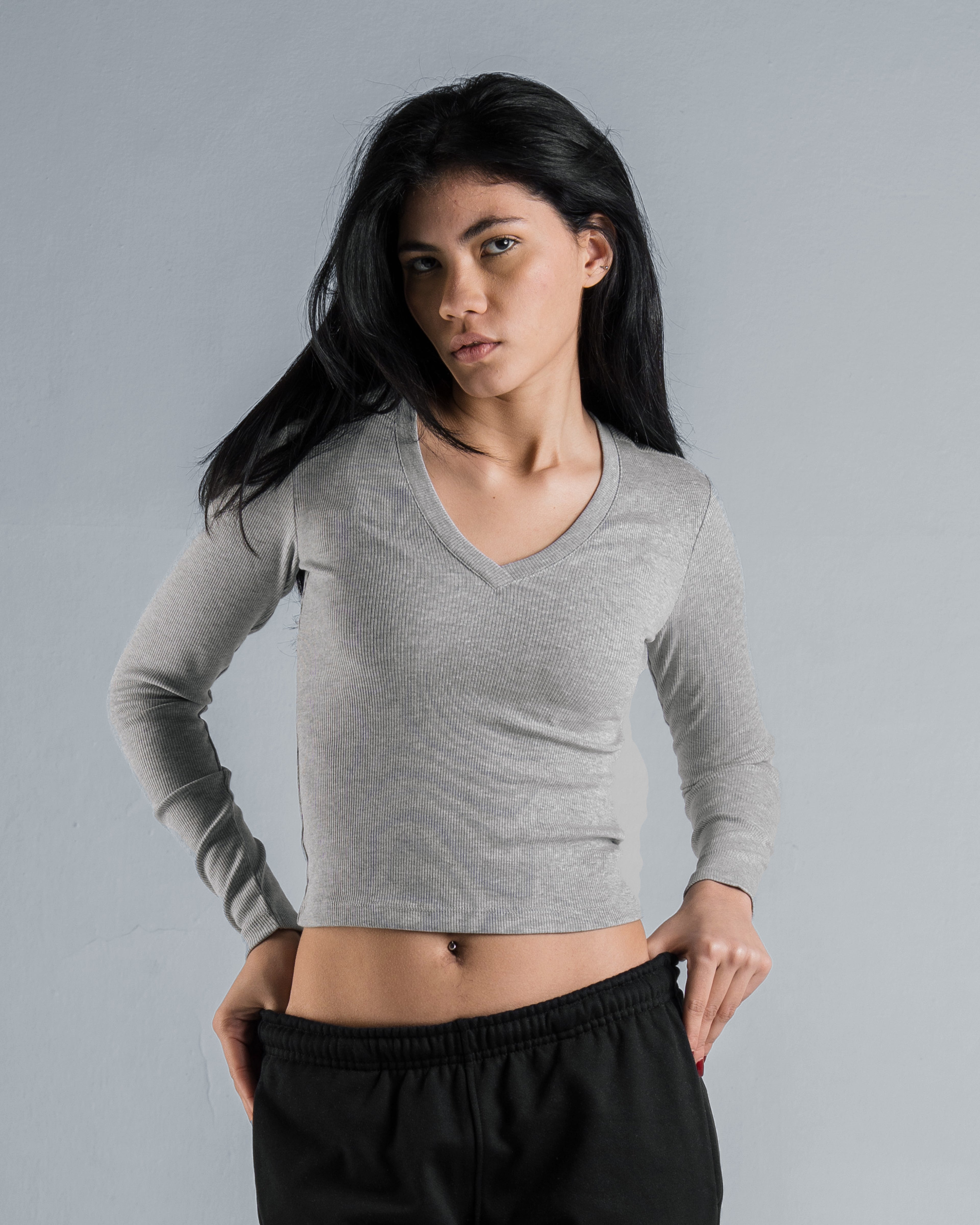 Ribbed V-Neck Long Sleeve