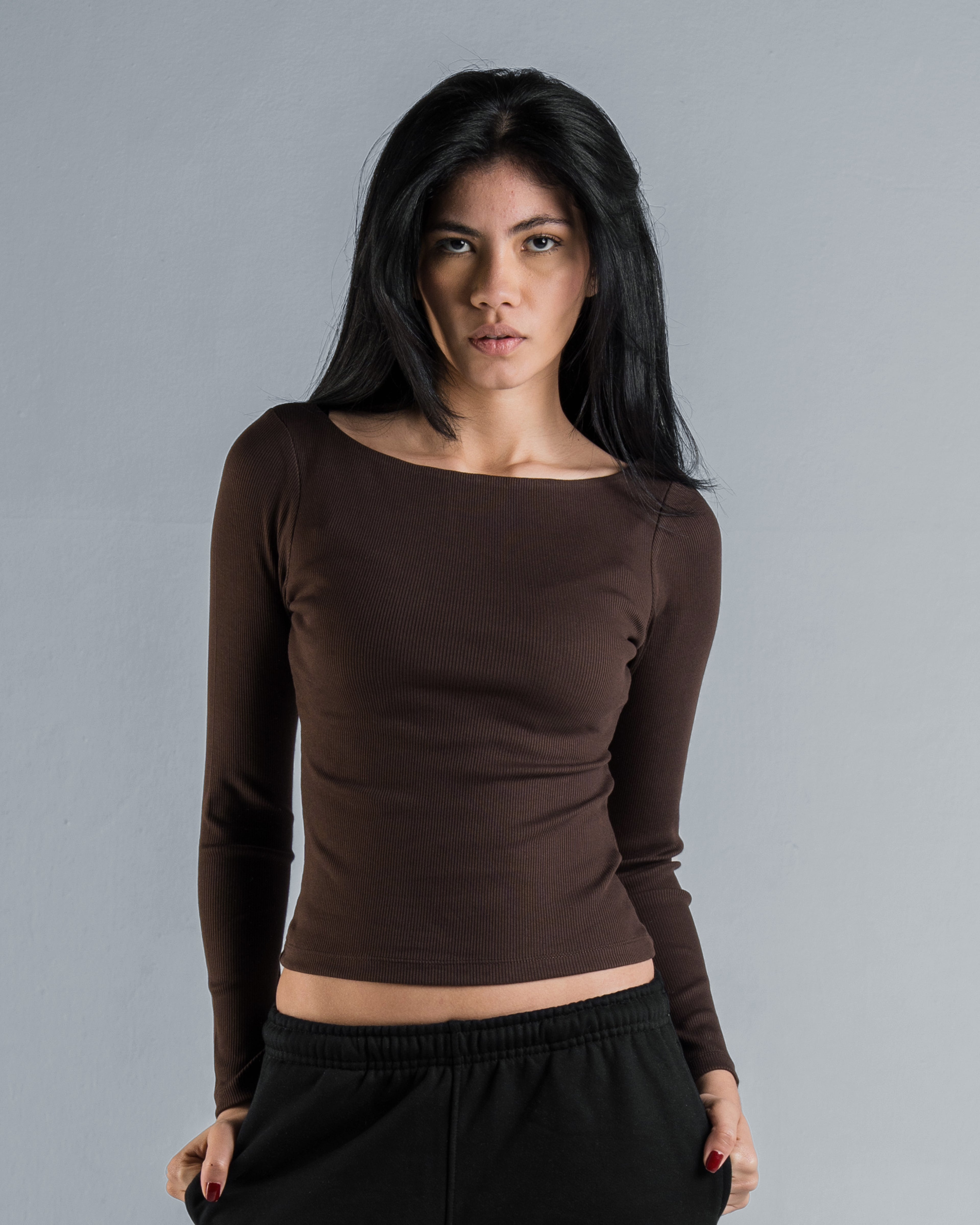 RIBBED BOAT NECK LONG SLEEVE
