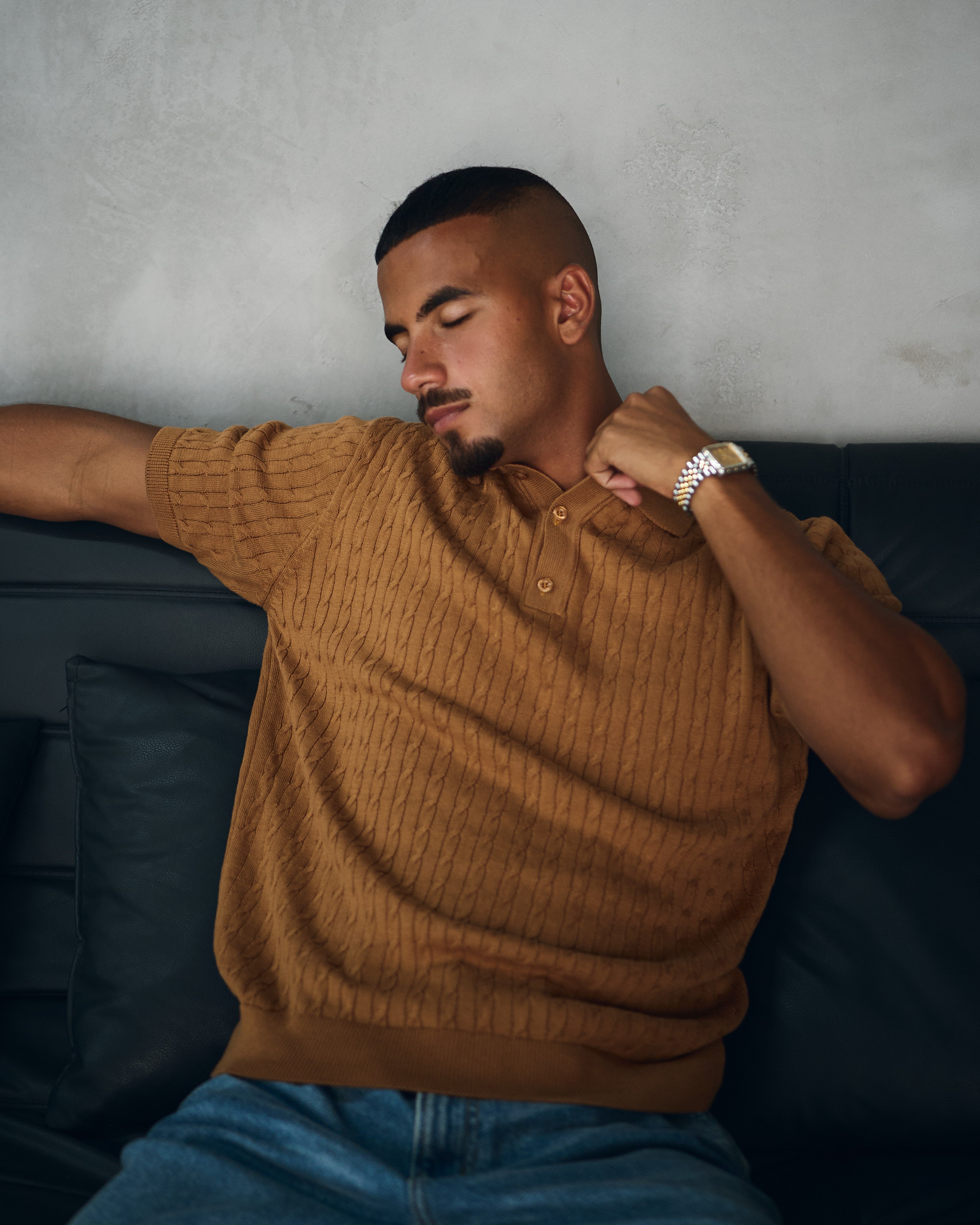 Camel Cable Knit Polo