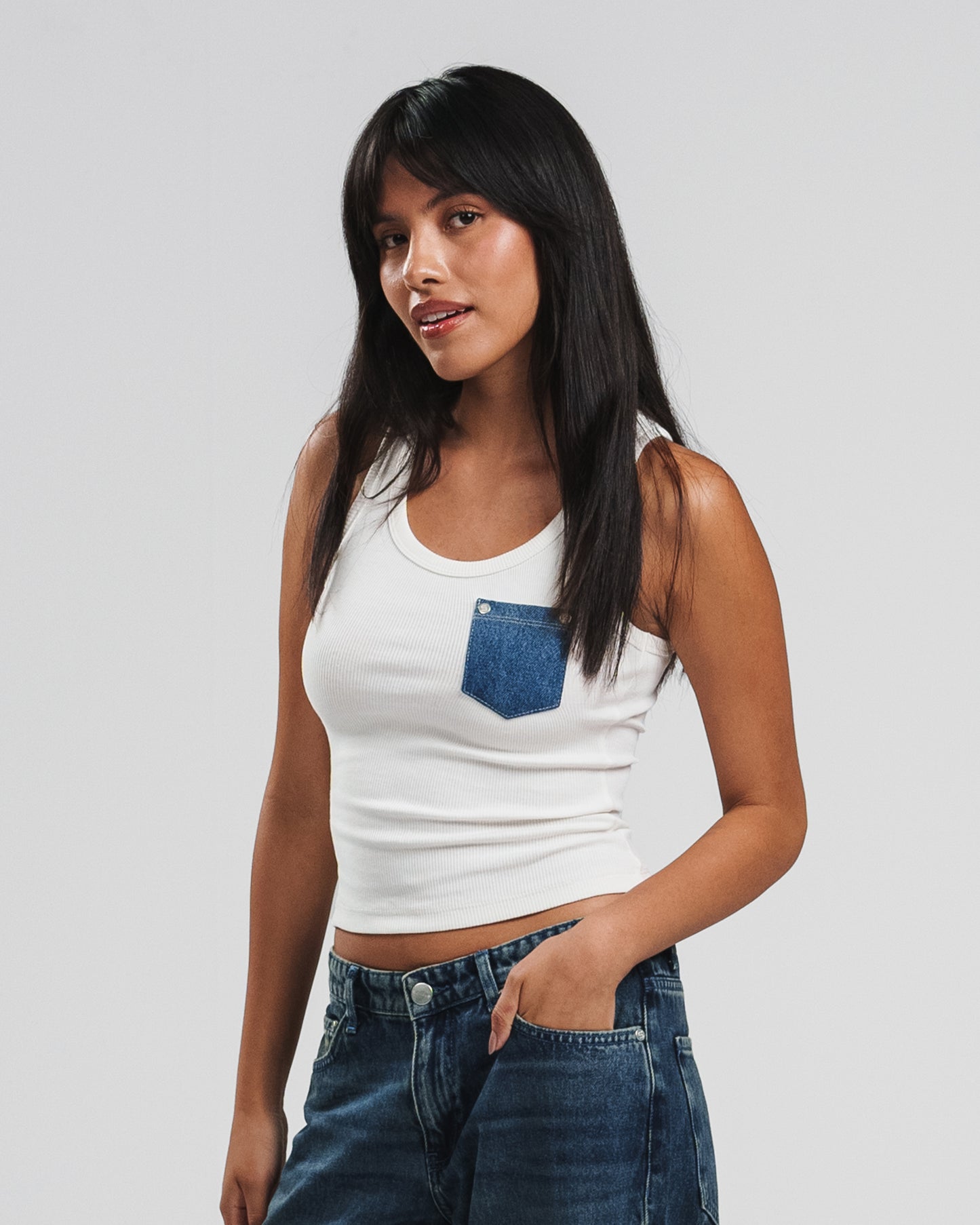 WHITE X BLUE DENIM POCKET TANK TOP