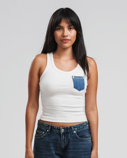 WHITE X BLUE DENIM POCKET TANK TOP