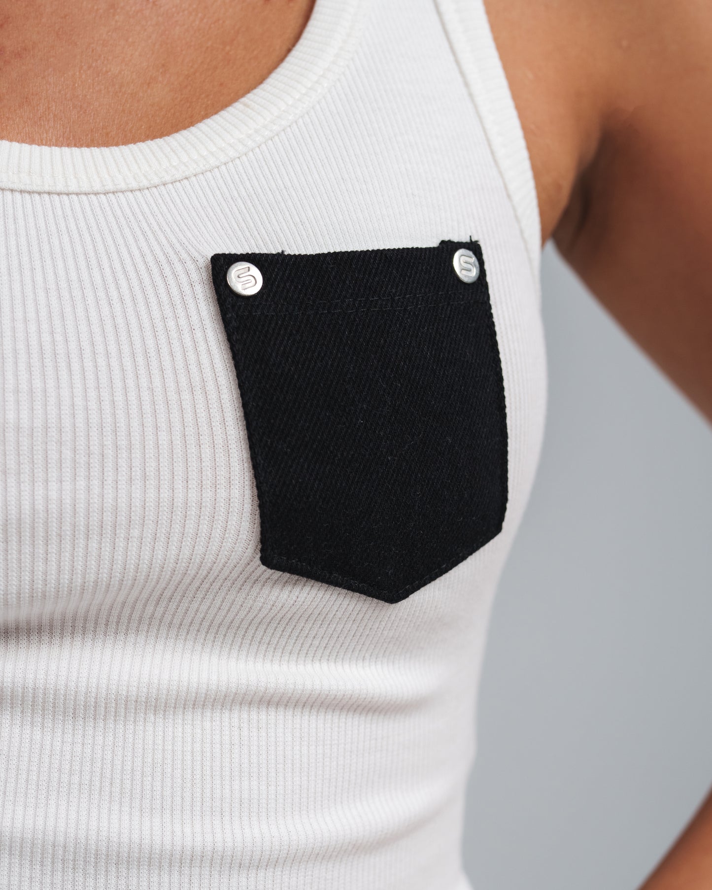 WHITE X DARK GREY DENIM POCKET TANK TOP