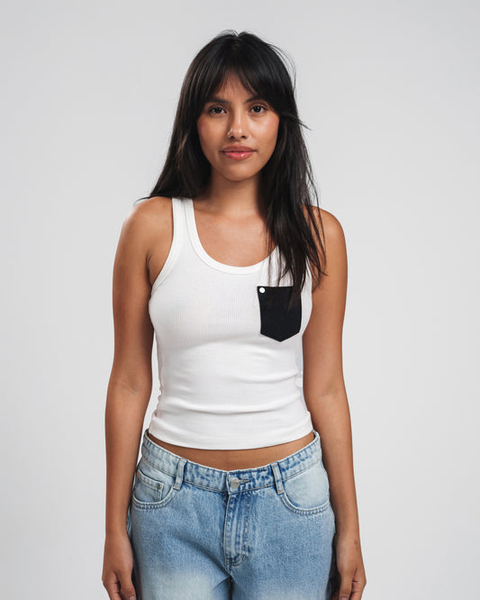 WHITE X DARK GREY DENIM POCKET TANK TOP