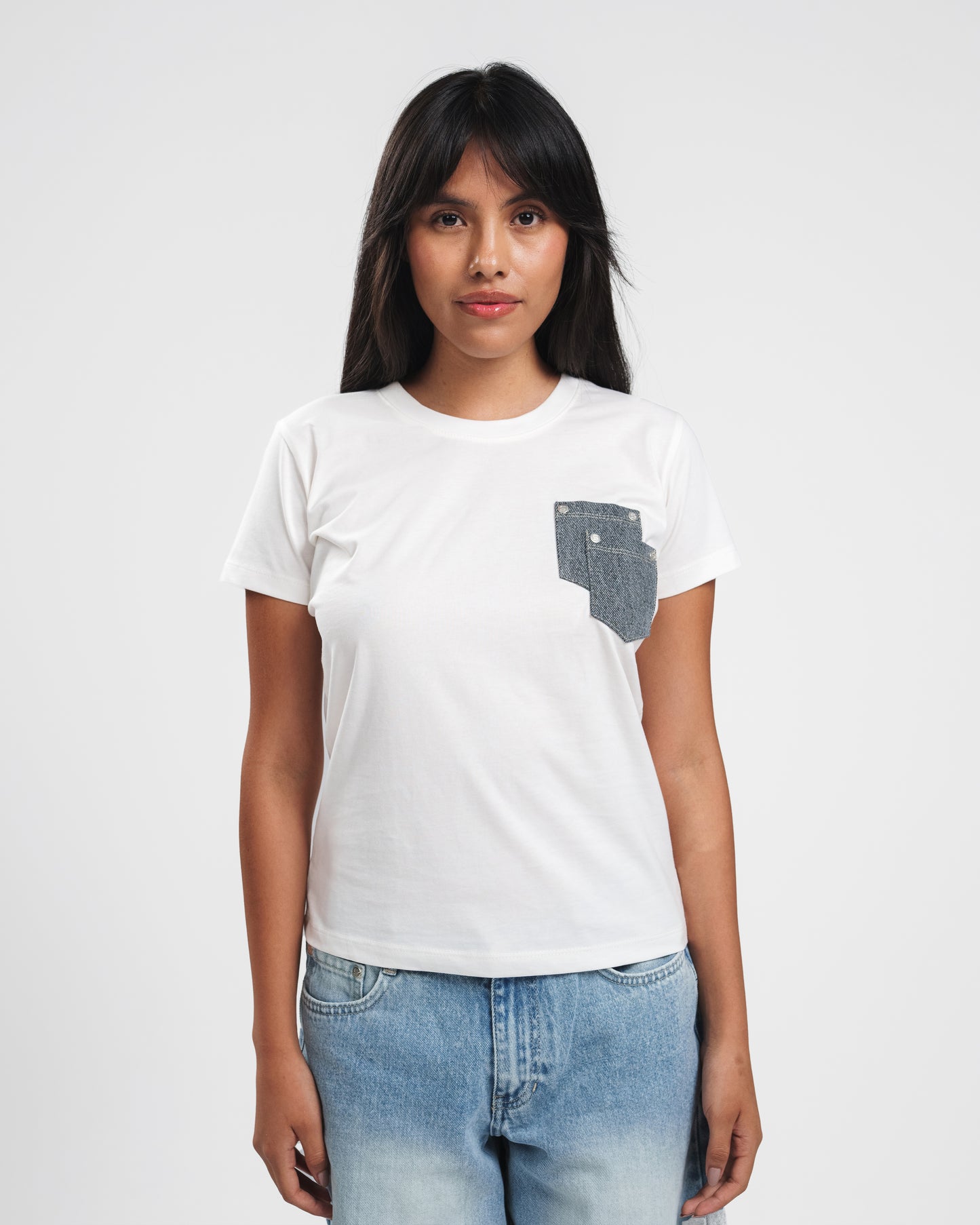 WHITE X LIGHT GREY DOUBLE DENIM POCKET TEE