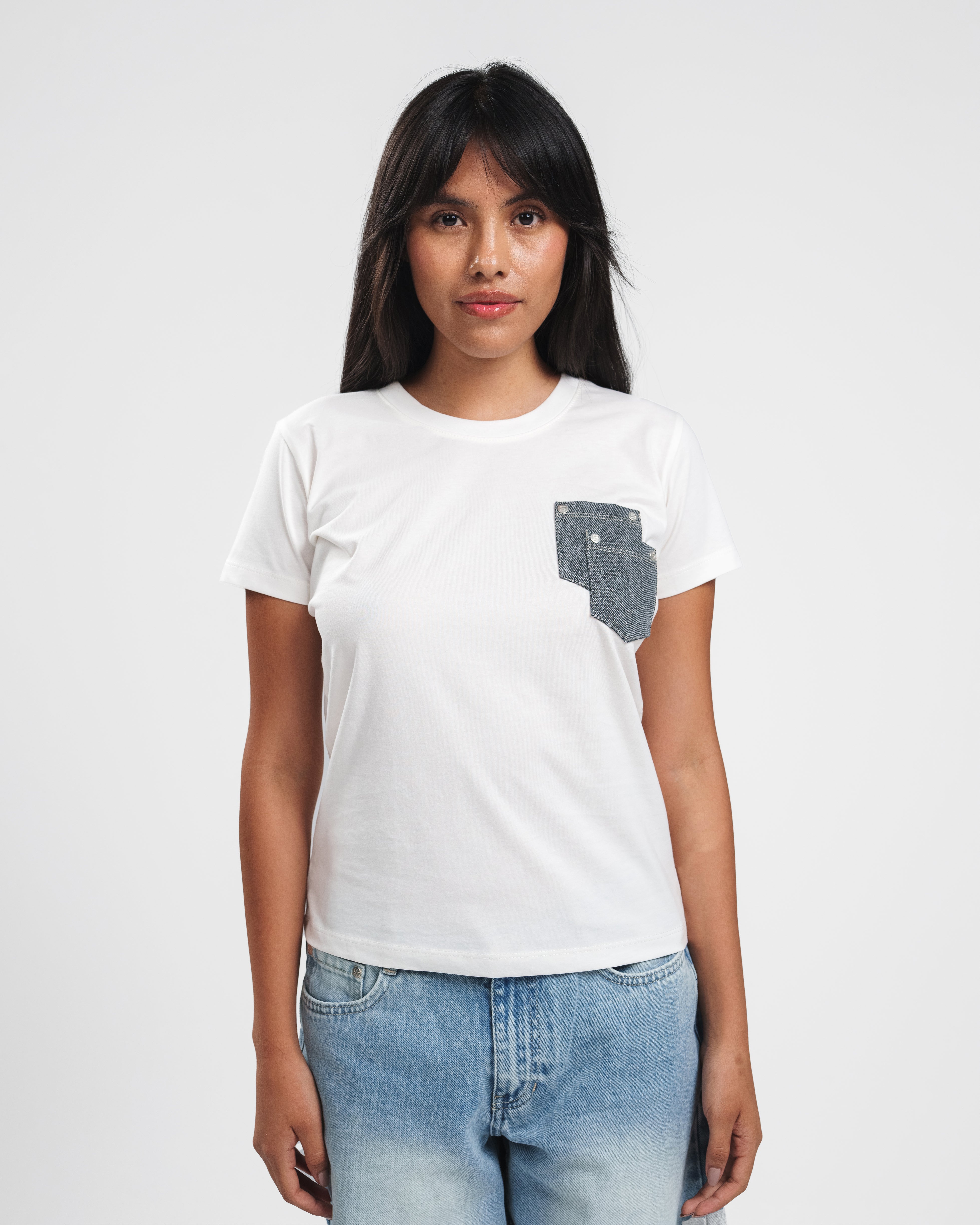 WHITE X LIGHT GREY DOUBLE DENIM POCKET TEE