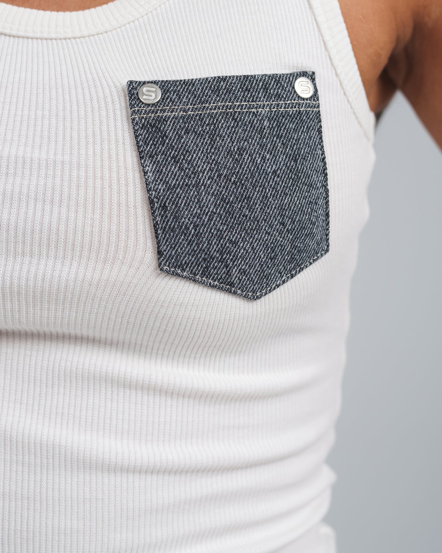 WHITE X LIGHT GREY DENIM POCKET TANK TOP