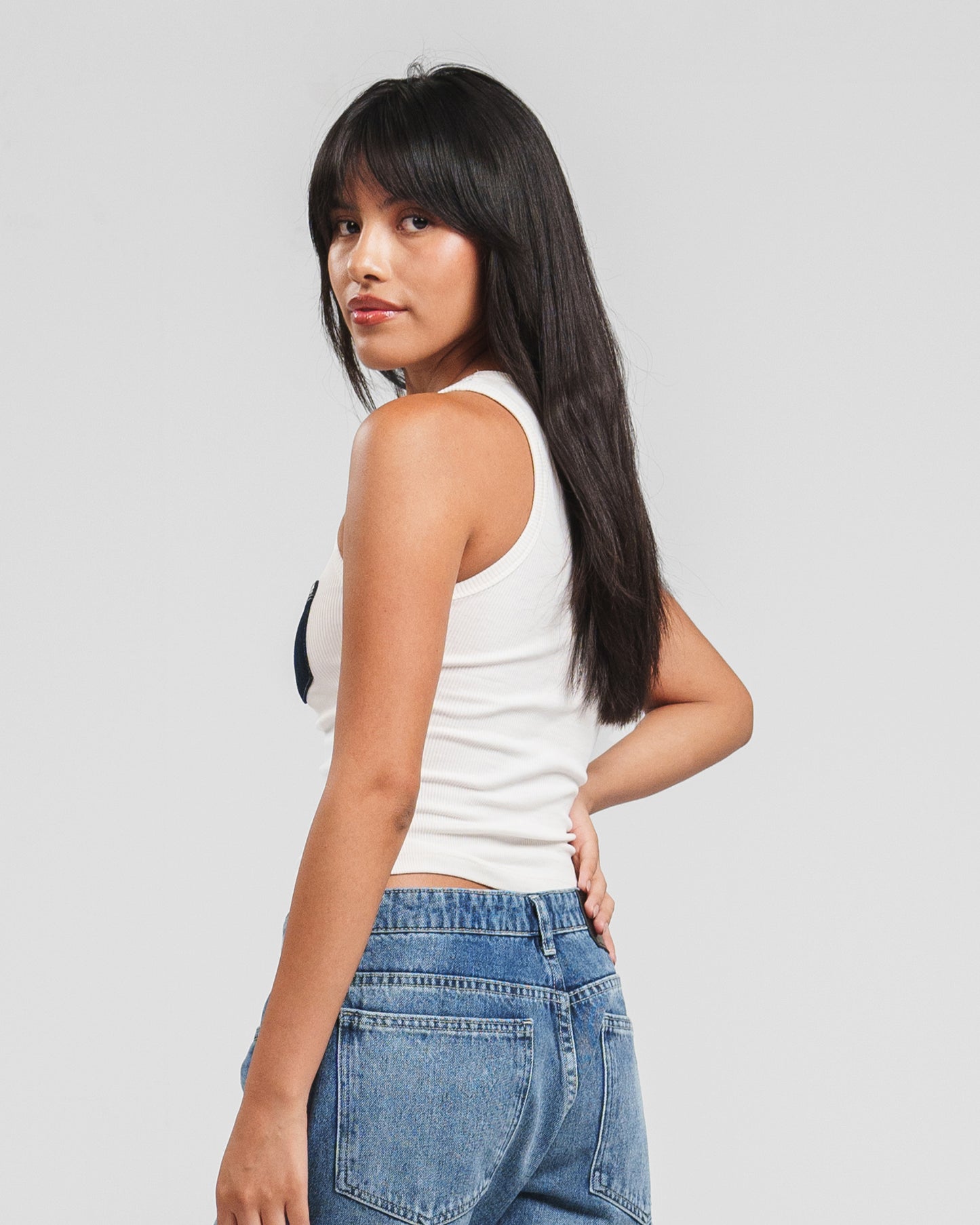 WHITE X NAVY DENIM POCKET TANK TOP