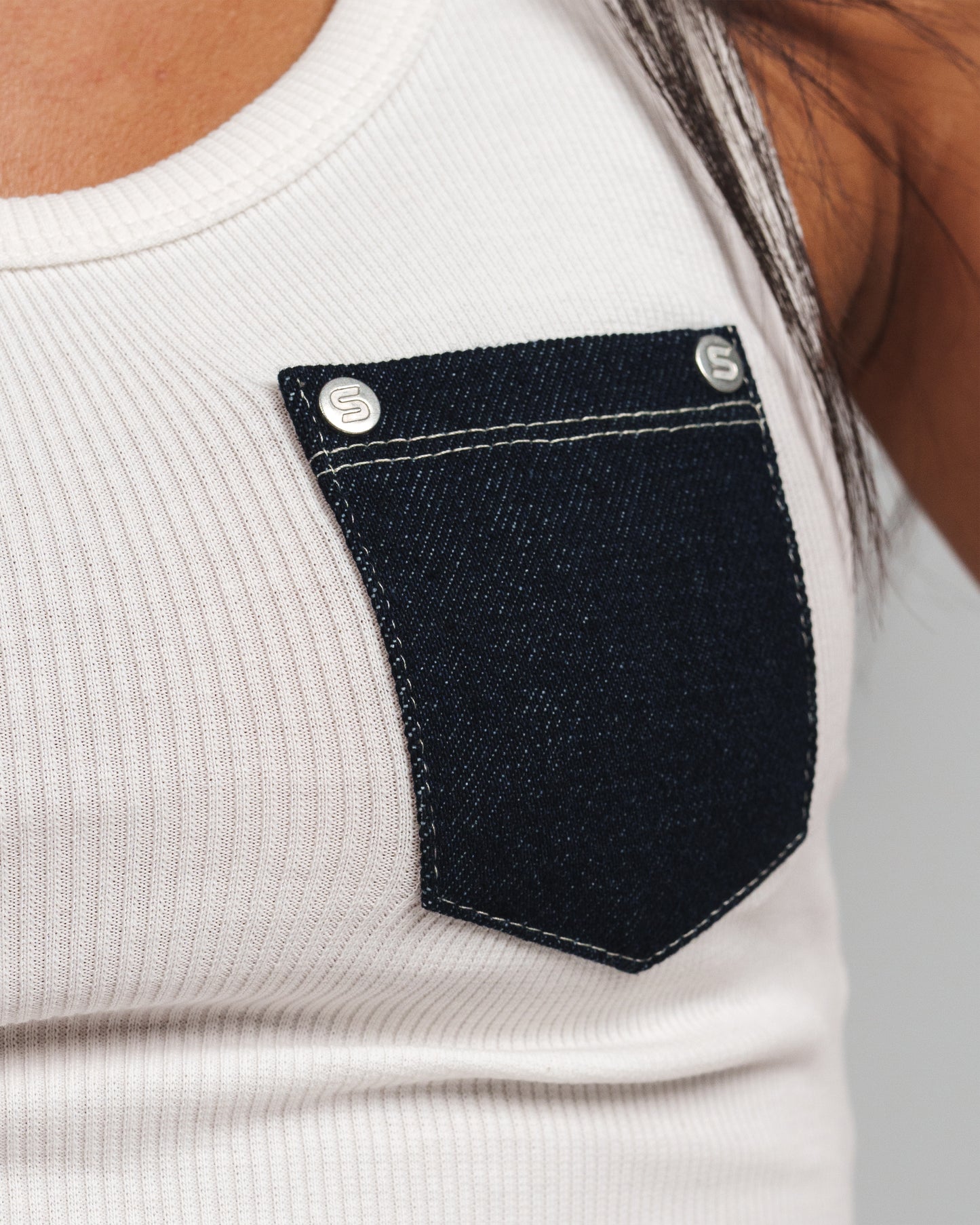 WHITE X NAVY DENIM POCKET TANK TOP