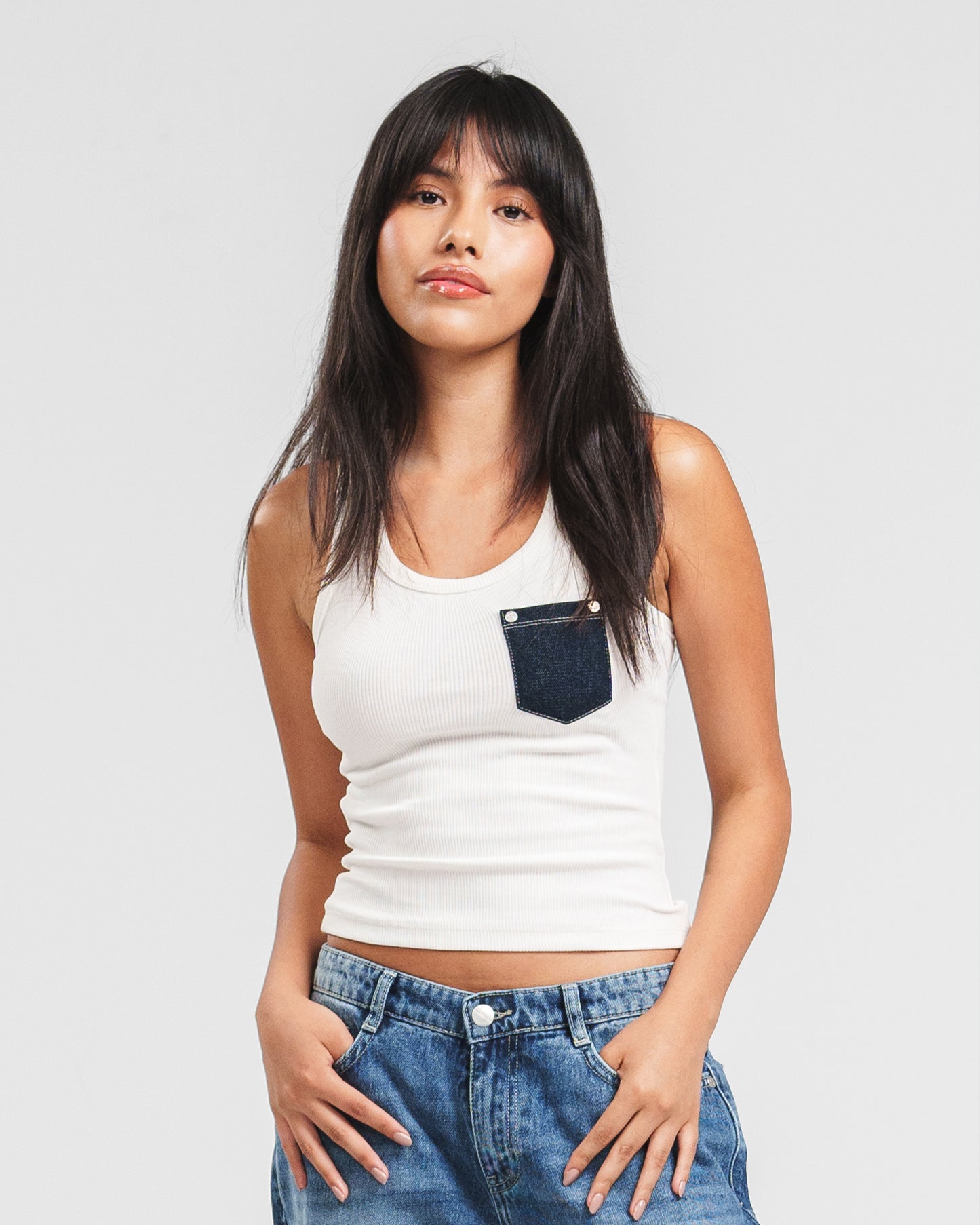 WHITE X NAVY DENIM POCKET TANK TOP