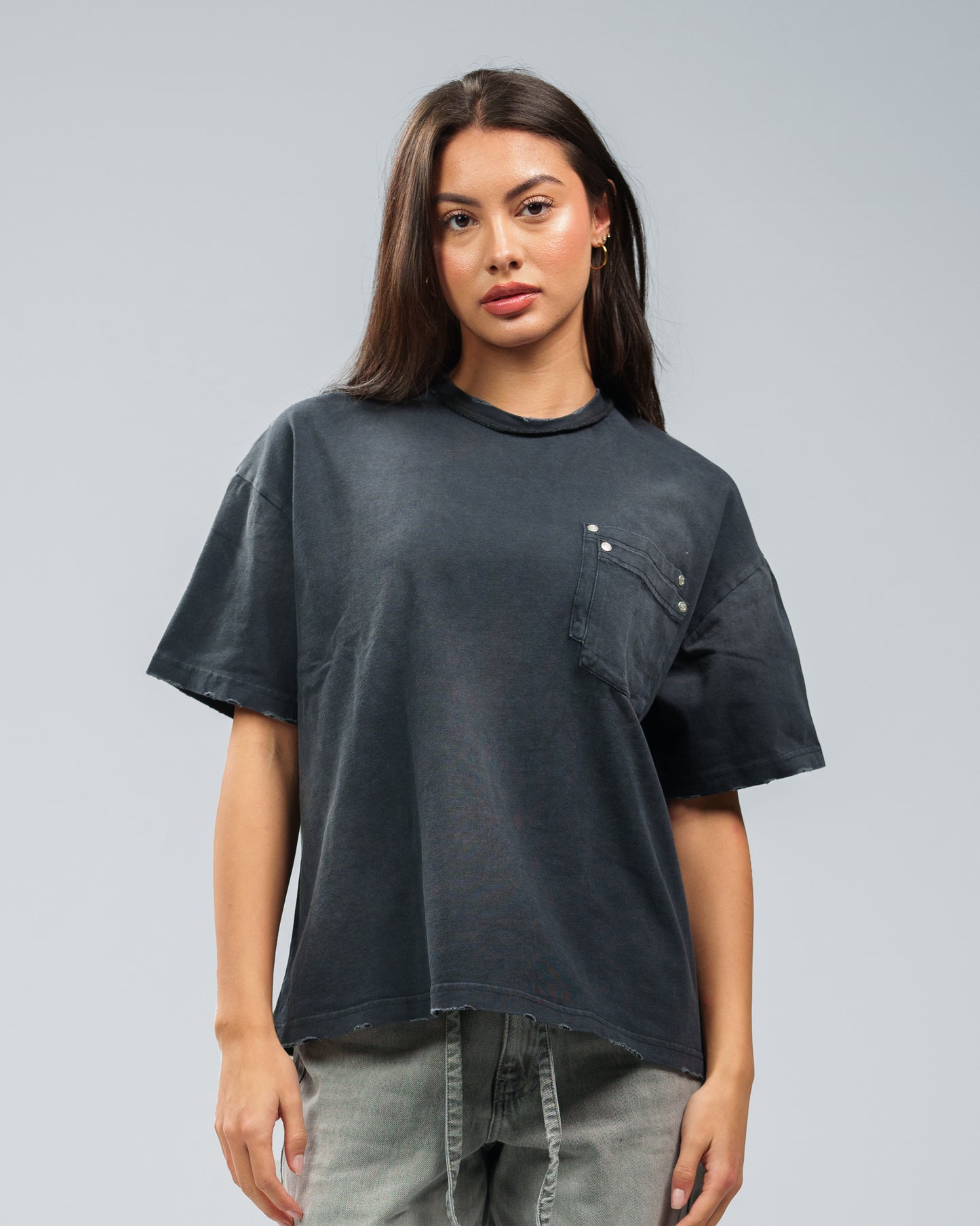 BLACK STONE WASHED DOUBLE POCKET T-SHIRT