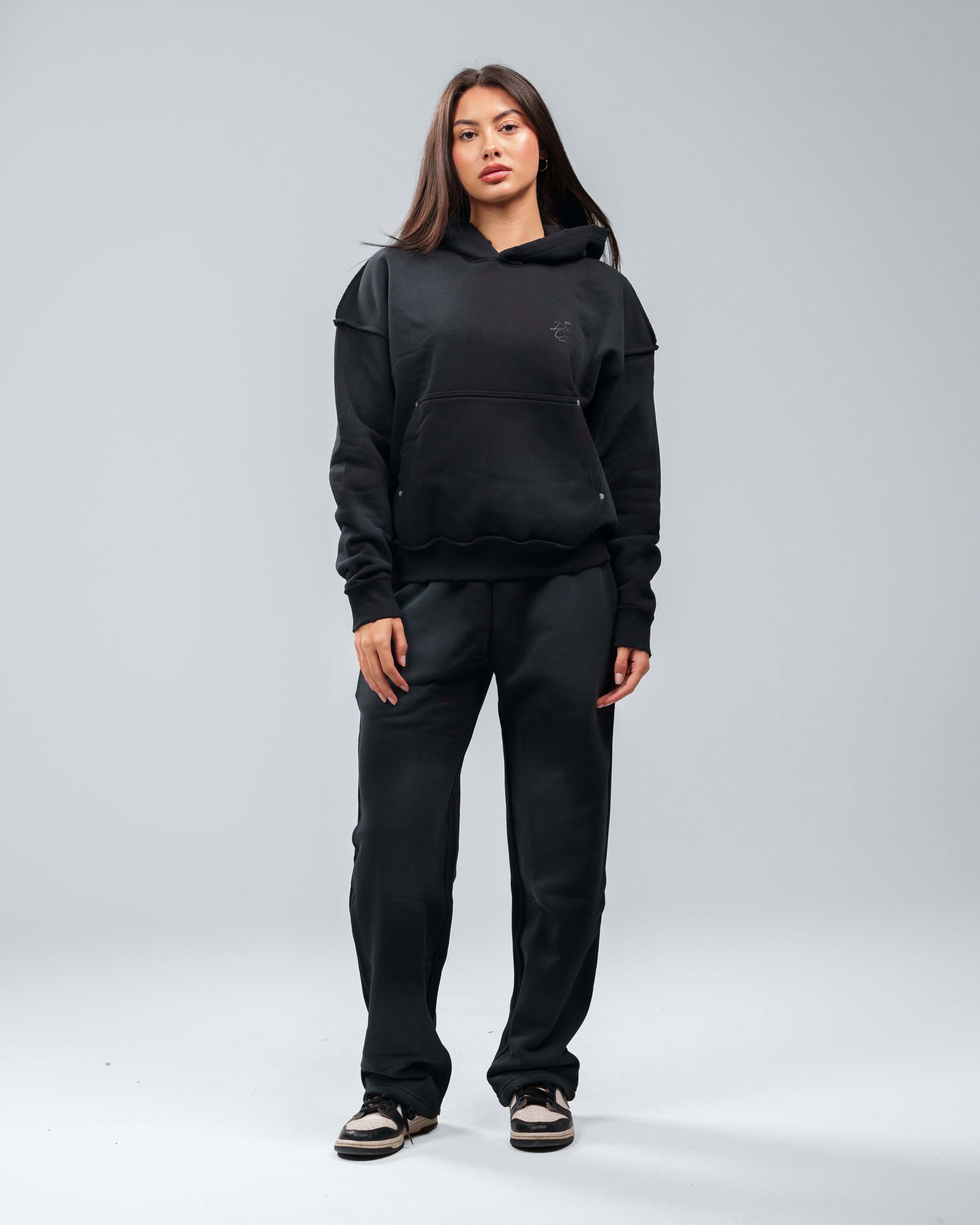 BLACK STONE WASHED DISTRESSED SWEATPANTS