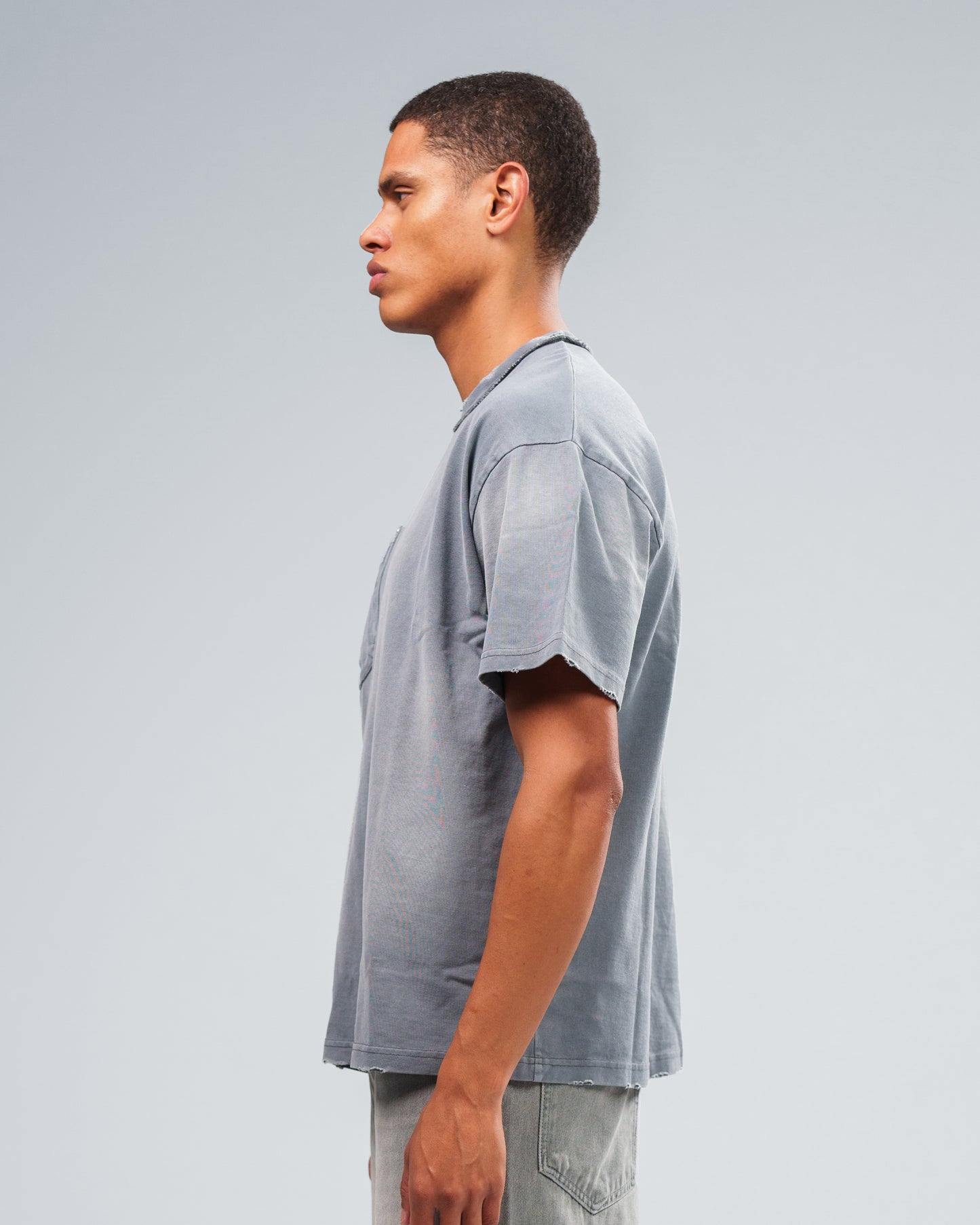 CHARCOAL GREY STONE WASHED DOUBLE POCKET T-SHIRT