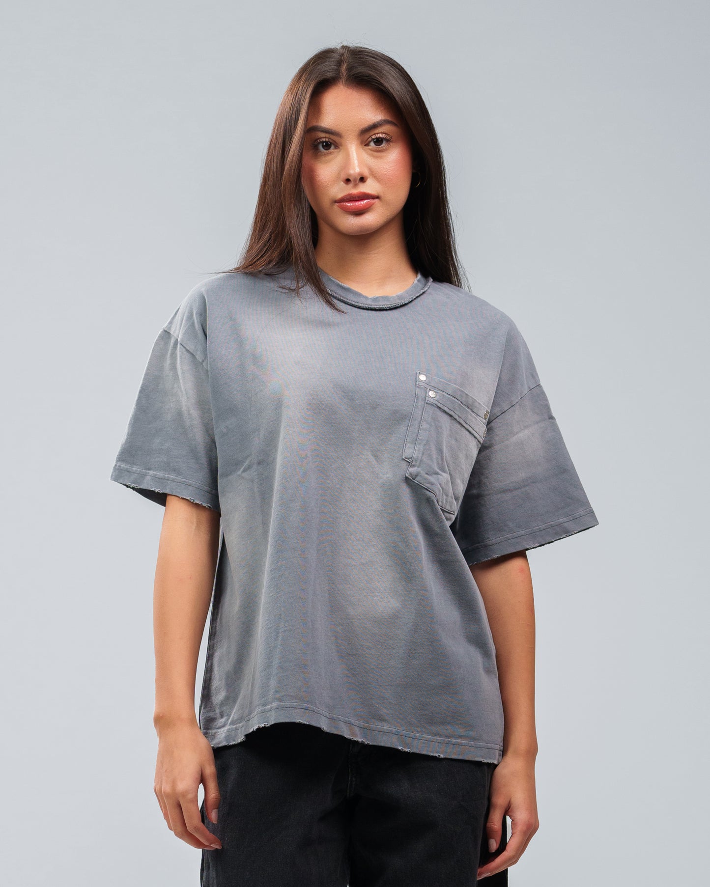 CHARCOAL GREY STONE WASHED DOUBLE POCKET T-SHIRT