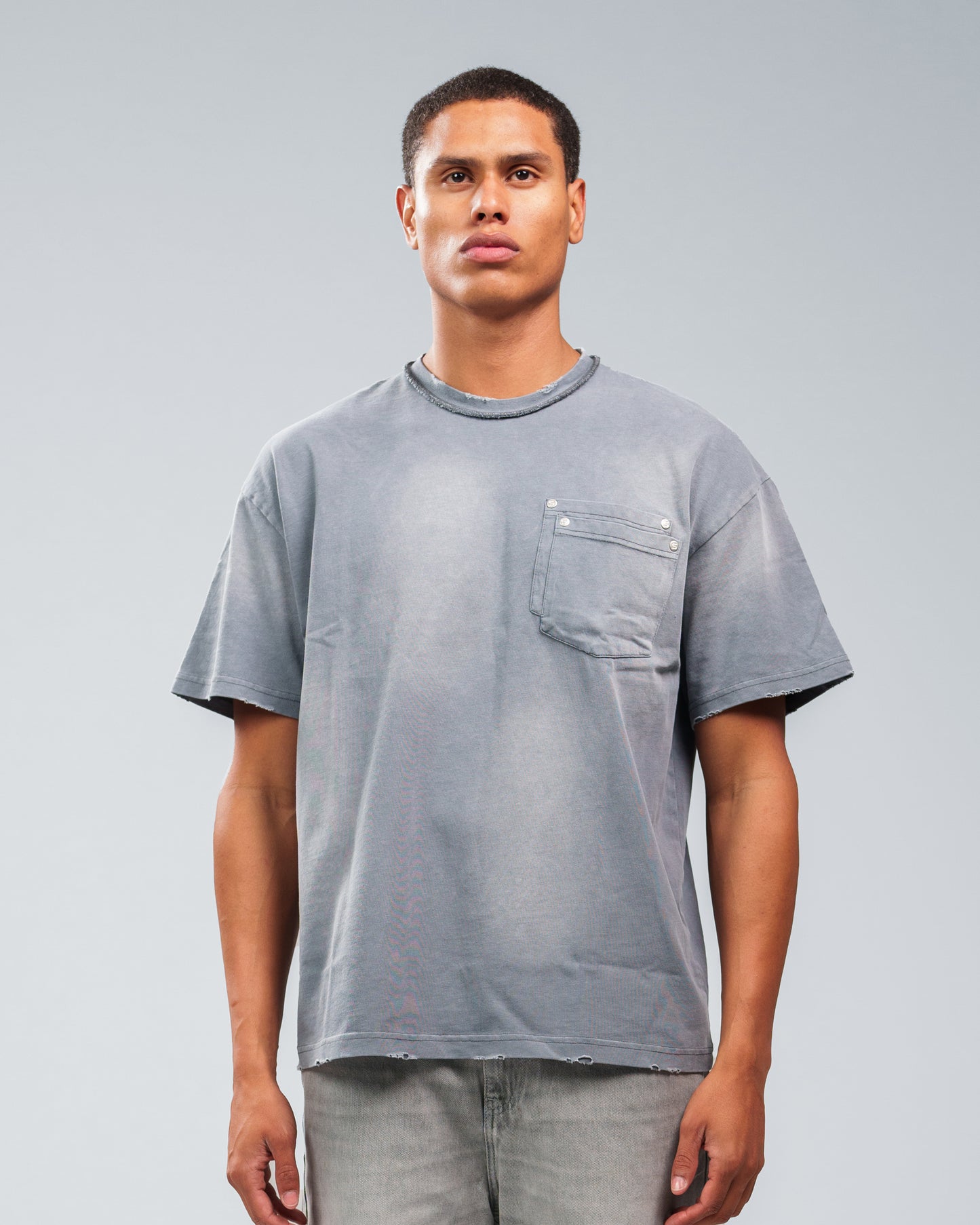 CHARCOAL GREY STONE WASHED DOUBLE POCKET T-SHIRT