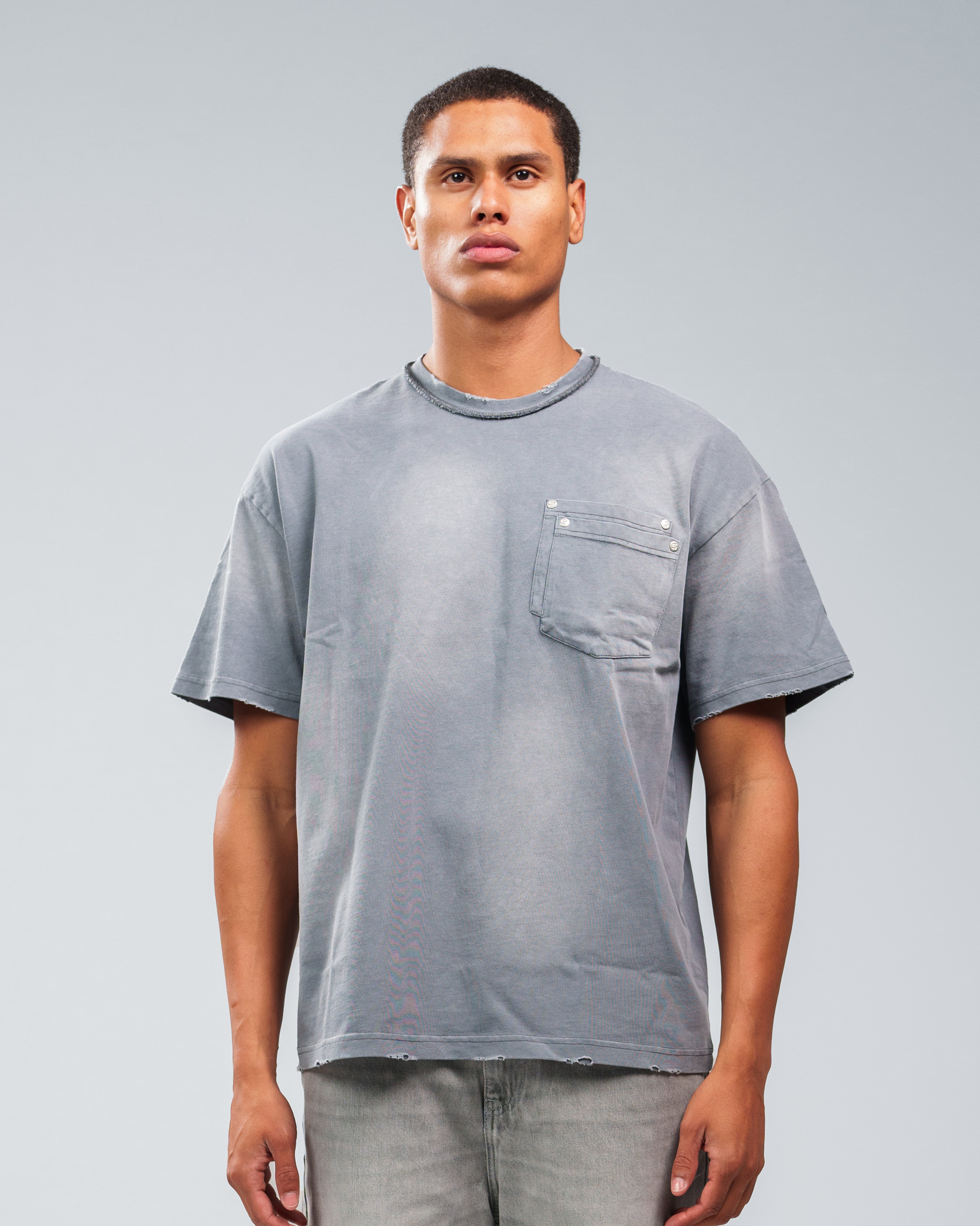 CHARCOAL GREY STONE WASHED DOUBLE POCKET T-SHIRT