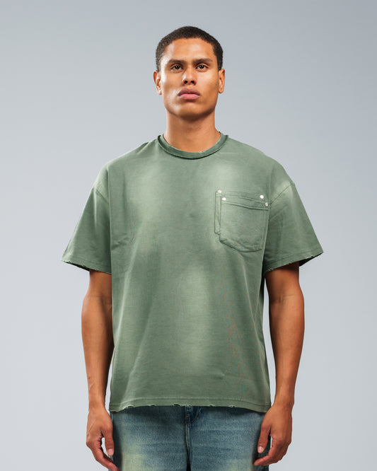 FOREST GREEN STONE WASHED DOUBLE POCKET T-SHIRT