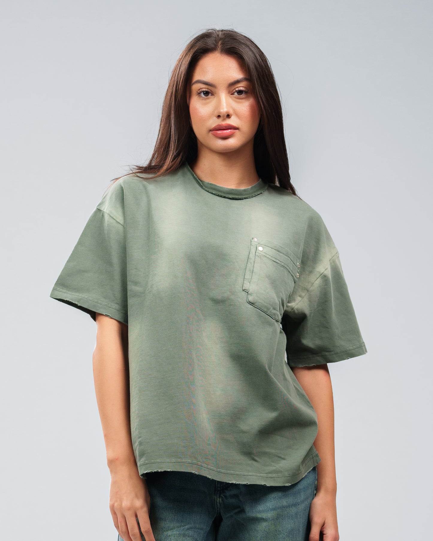 FOREST GREEN STONE WASHED DOUBLE POCKET T-SHIRT