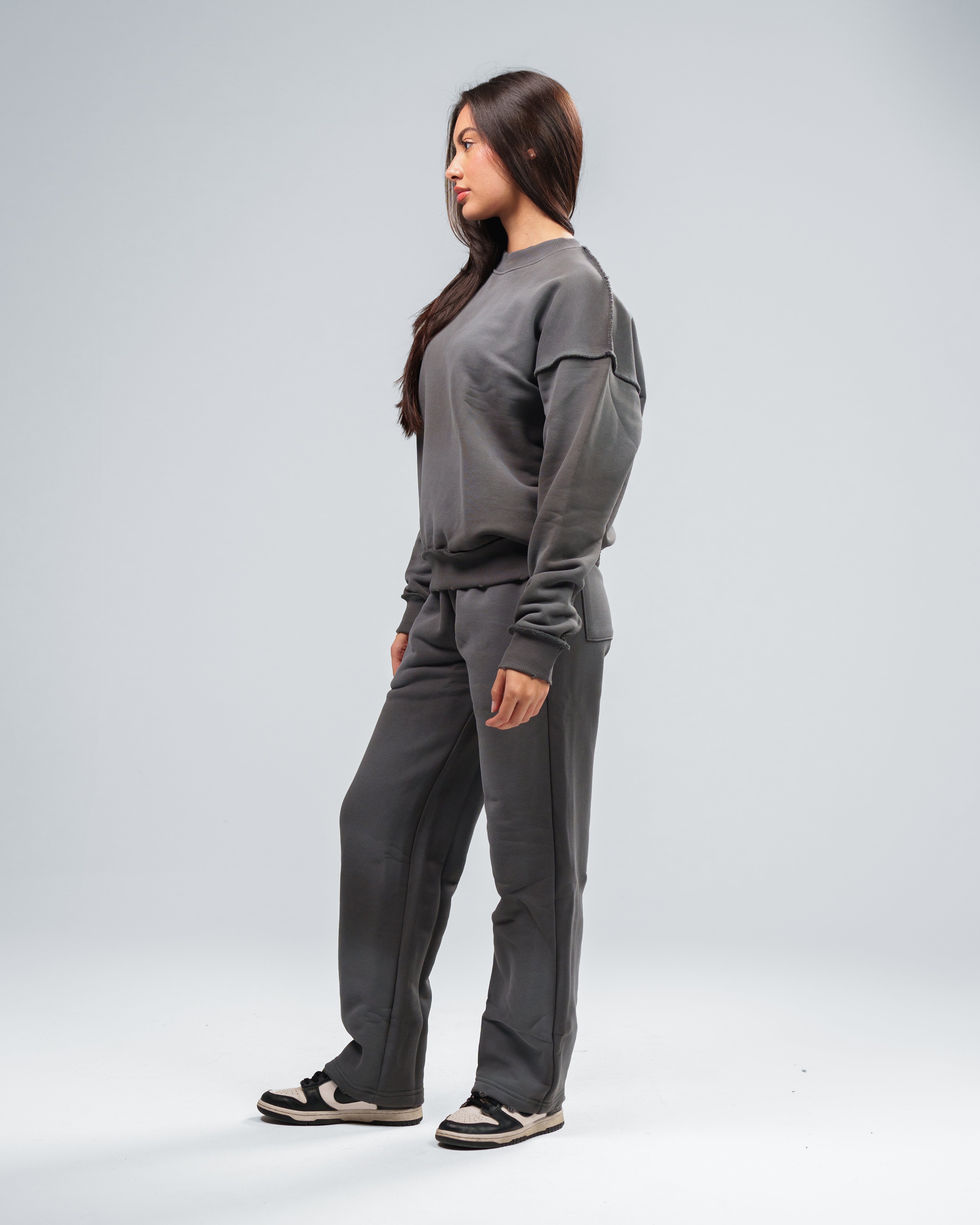 CHARCOAL GREY STONE WASHED DISTRESSED SWEATPANTS