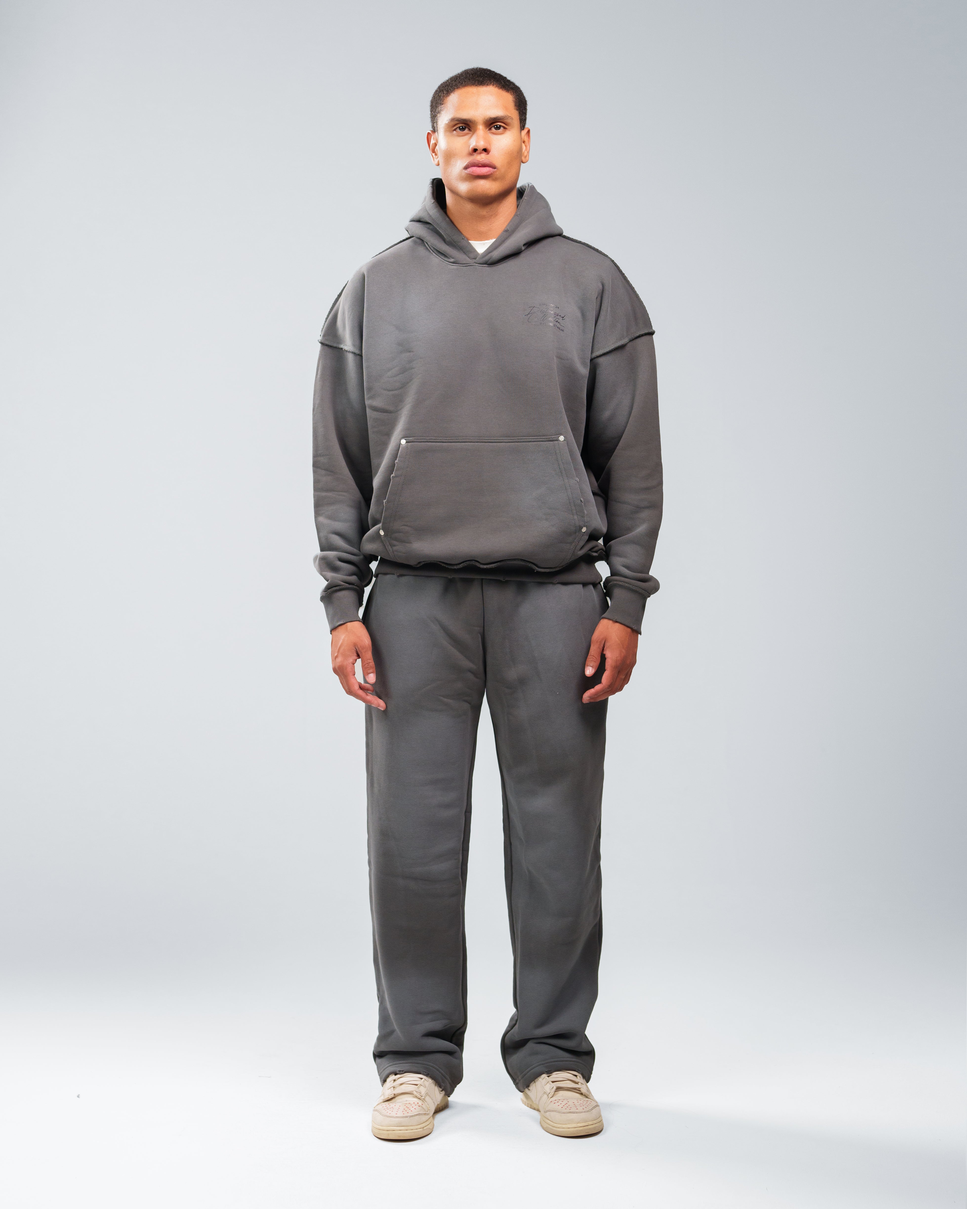 CHARCOAL GREY STONE WASHED DISTRESSED SWEATPANTS