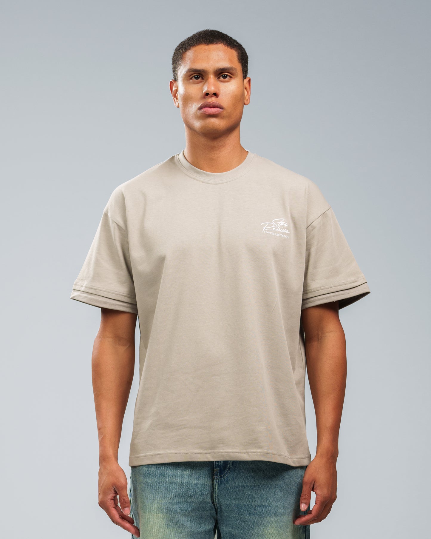 PEBBLE GREY DOUBLE SLEEVE T-SHIRT