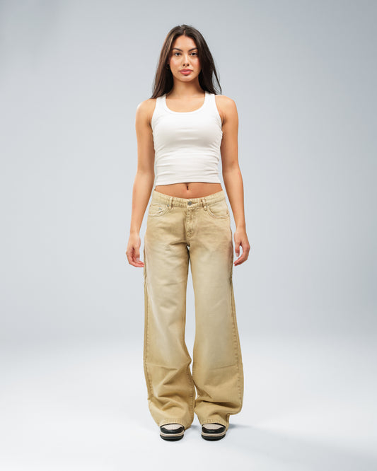 STONE WASHED SAND RELAXED MID RISE JEANS