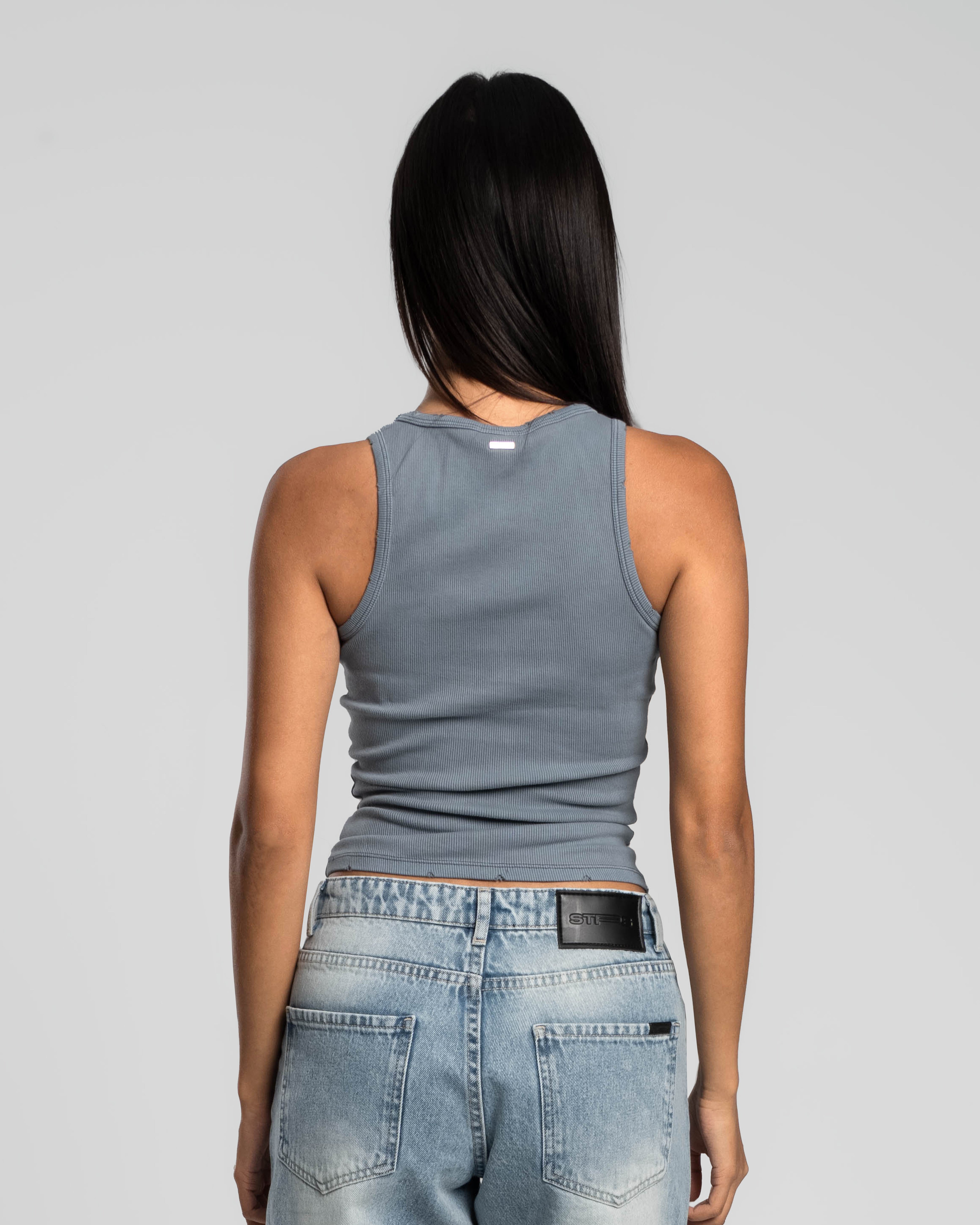 STEEL BLUE DISTRESSED TANK TOP