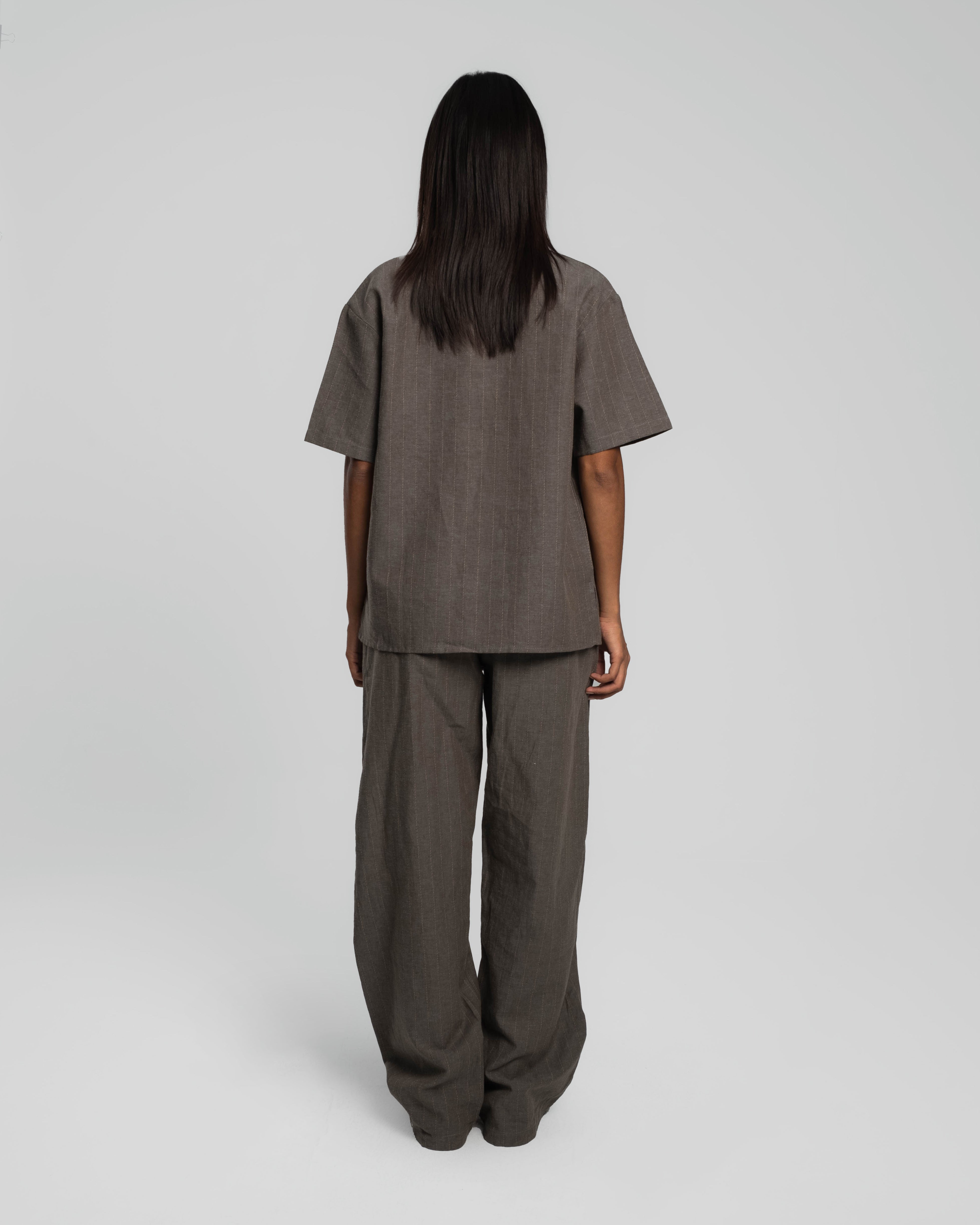 DUSTY OLIVE PINSTRIPED LINEN PANTS