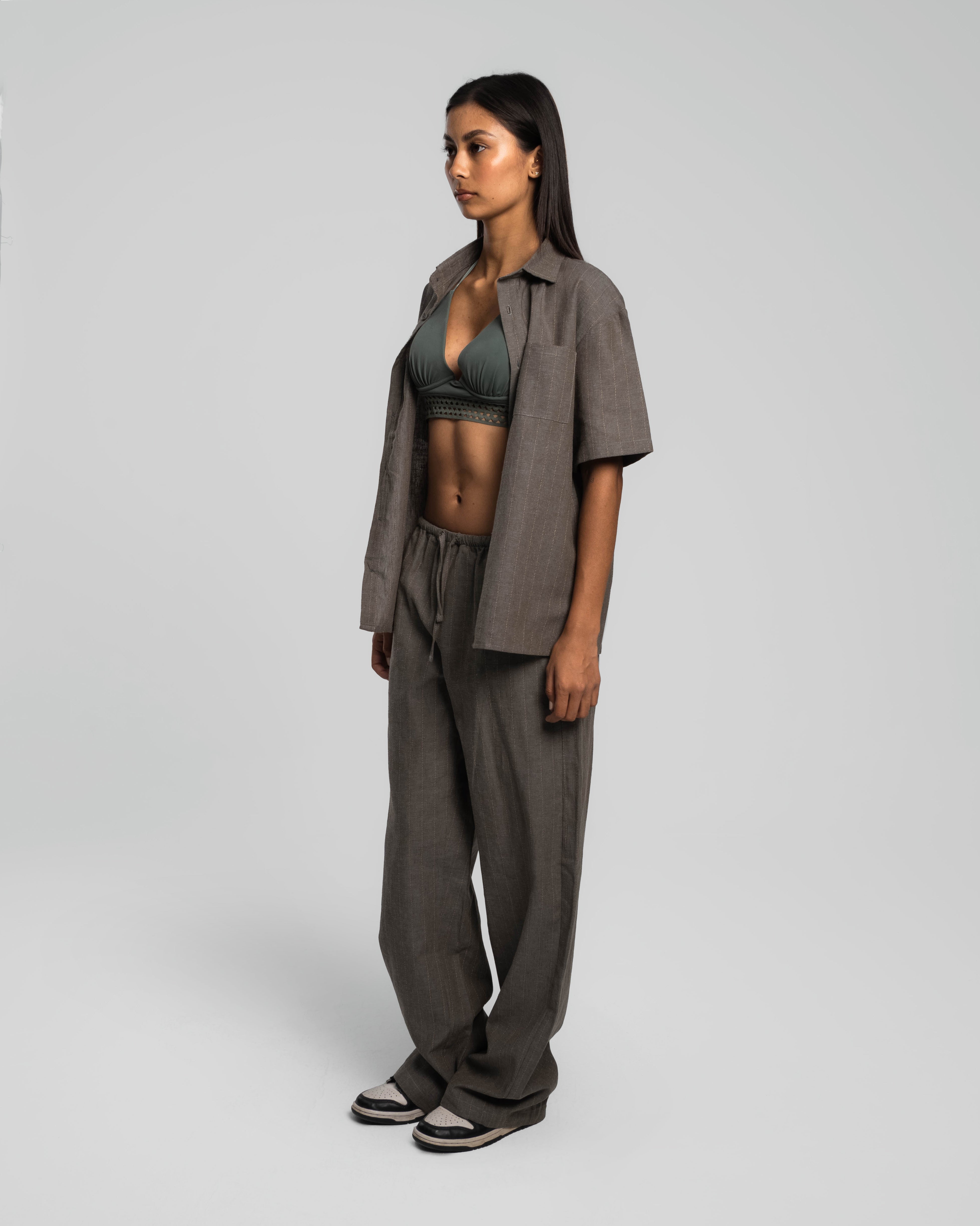 DUSTY OLIVE PINSTRIPED LINEN PANTS