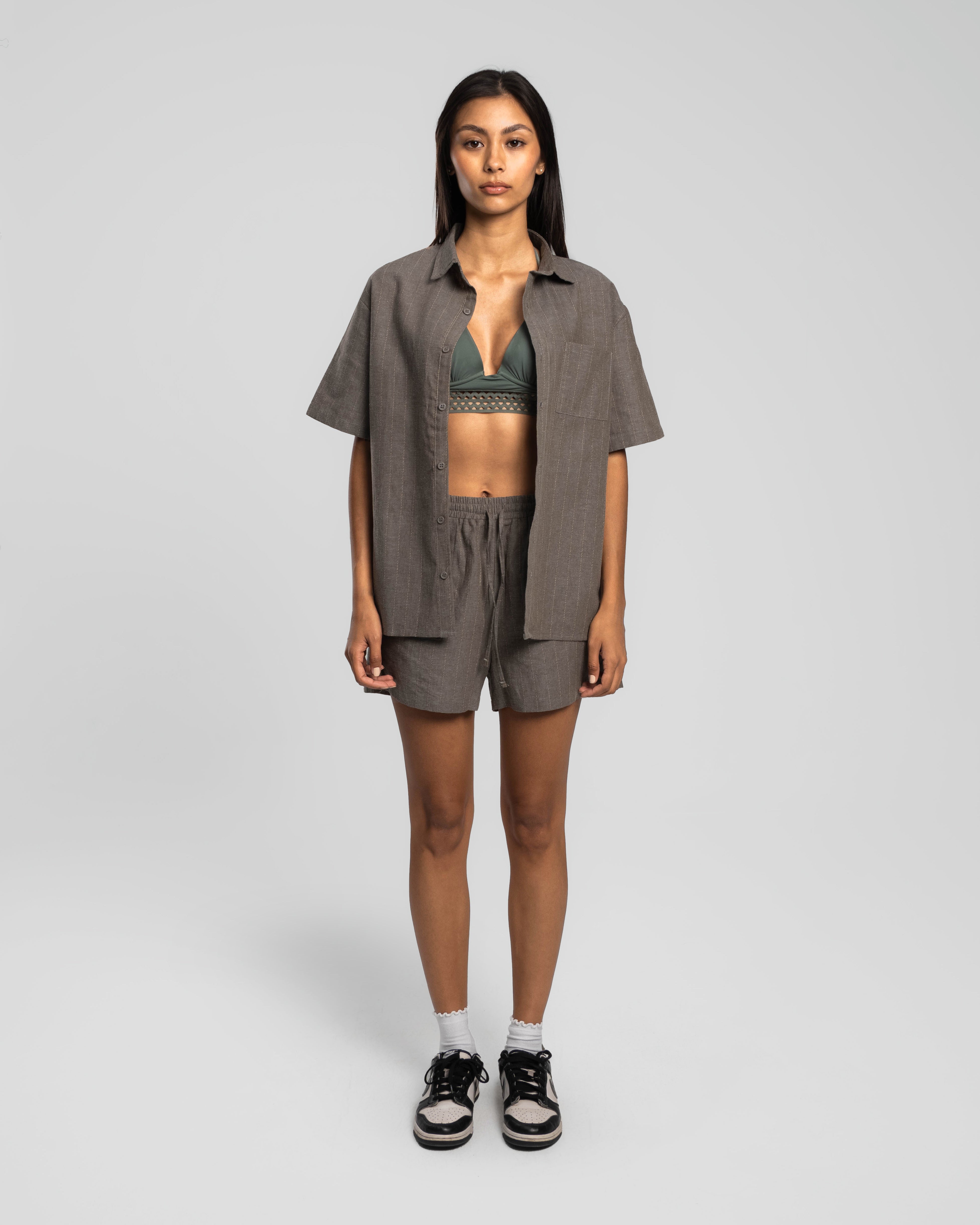 DUSTY OLIVE PINSTRIPED LINEN SHORTS